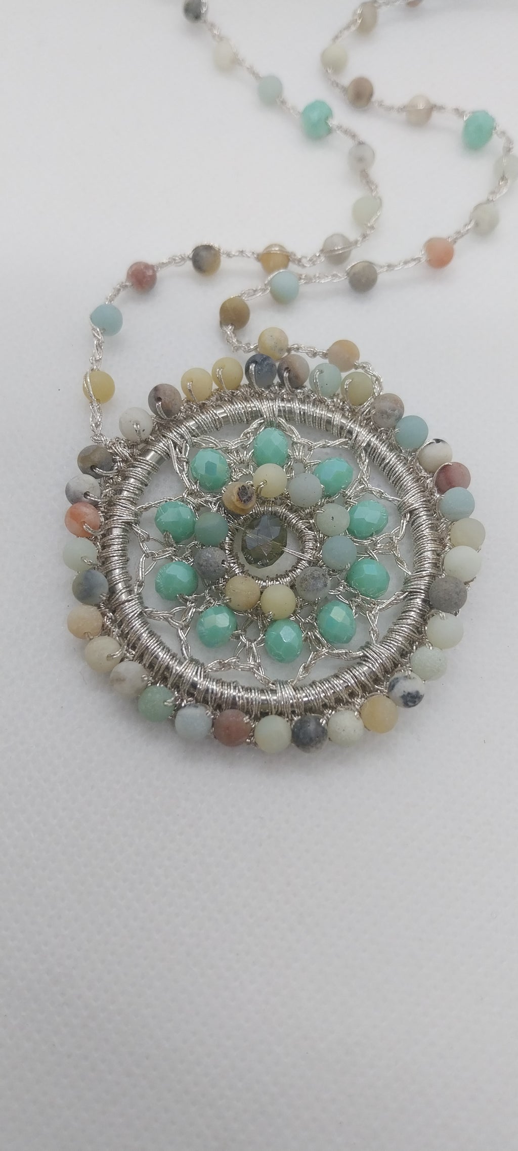 Collier Amazonite Givrée & Pendentif Mandala Argenté