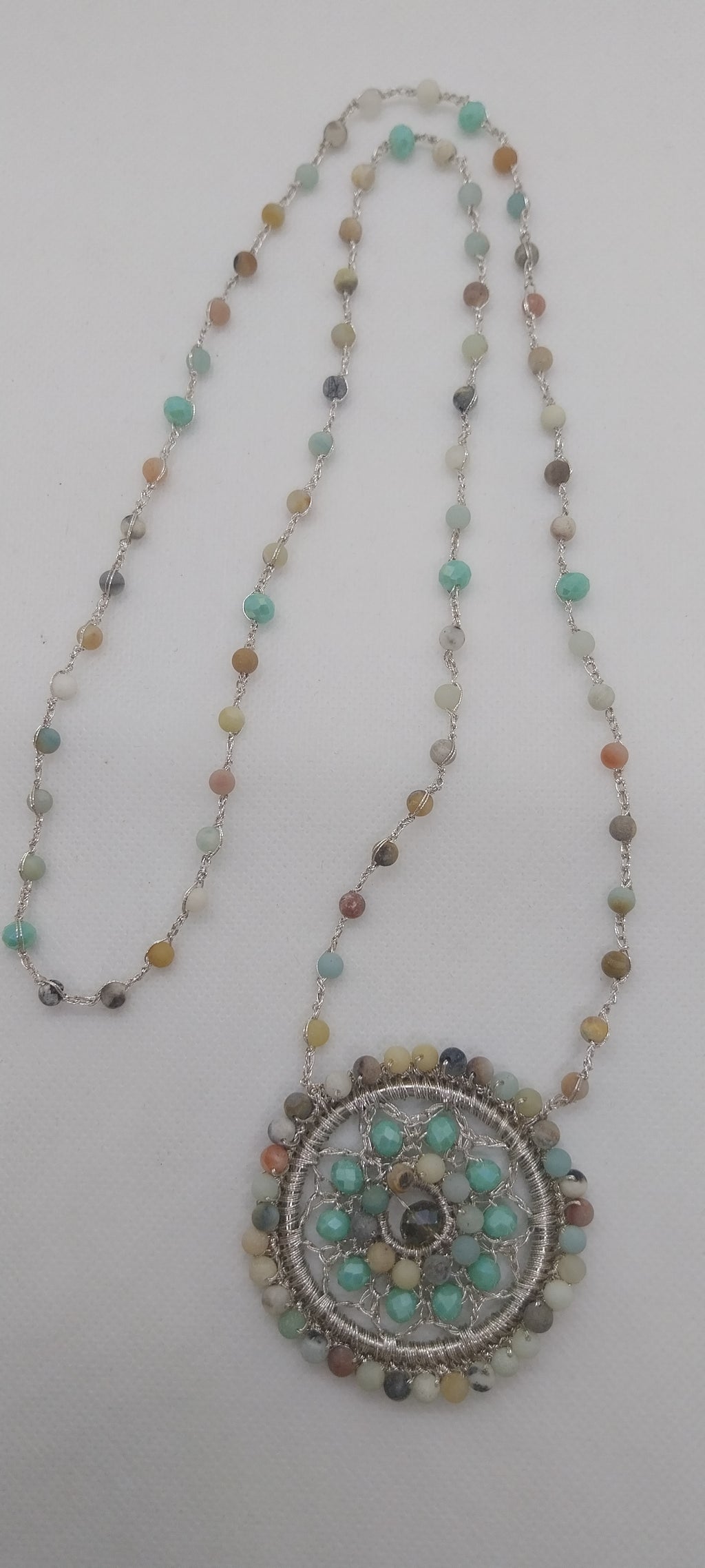 Collier Amazonite Givrée & Pendentif Mandala Argenté