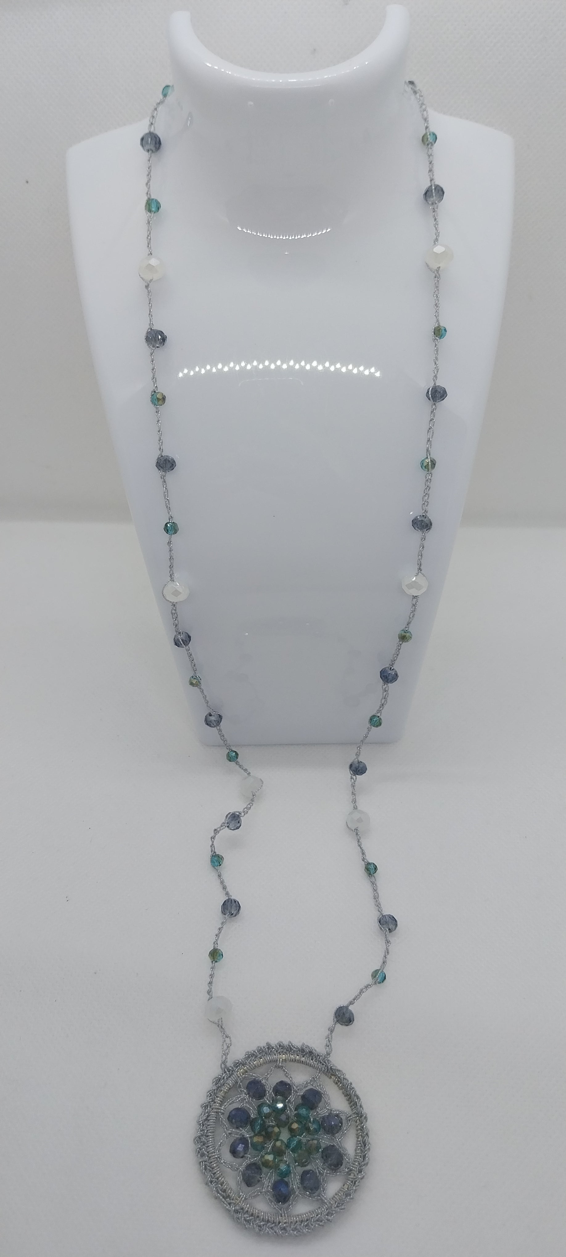 Collier Mandala Gris & Bleu Jean Argenté