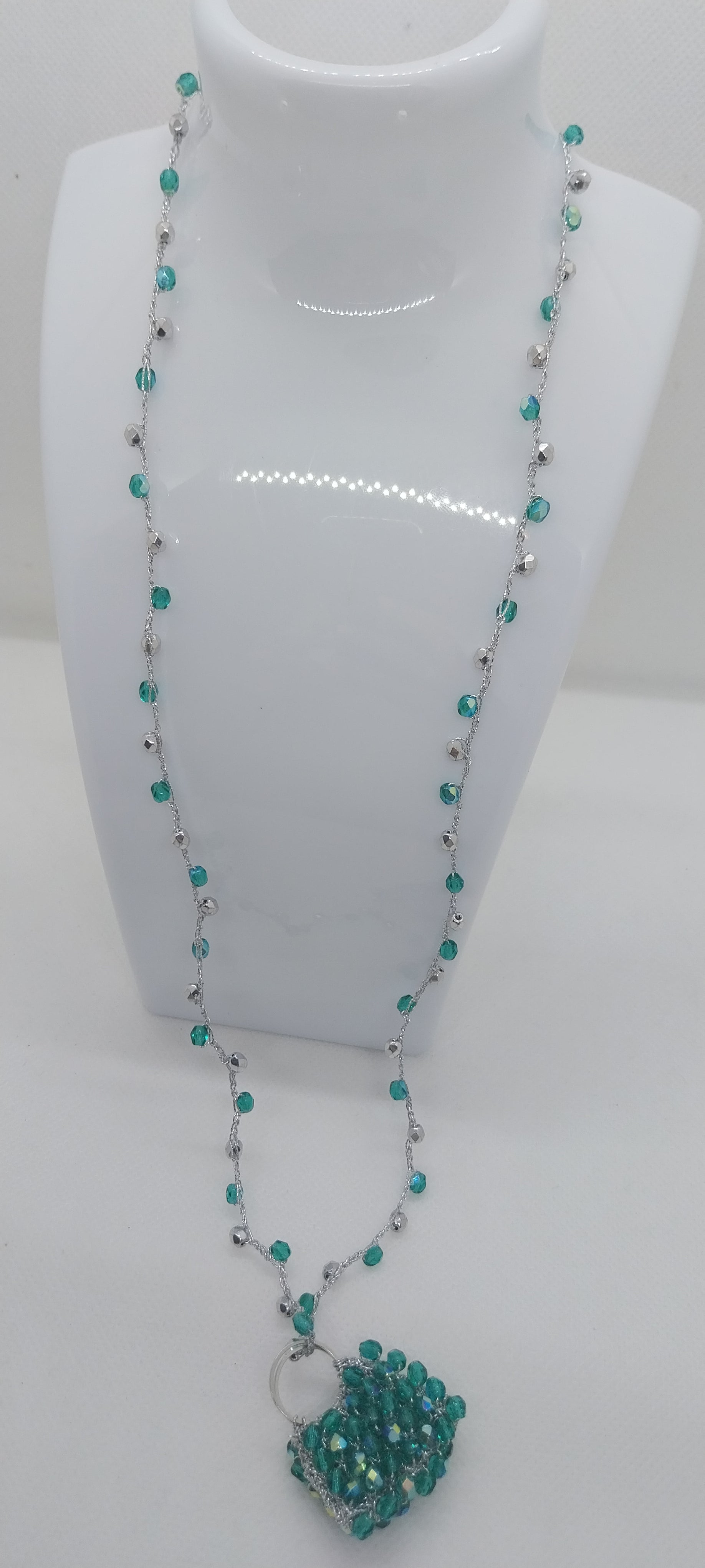 Handbag Pendant Necklace – Silver, Grey & Green Threads, Beaded Ball
