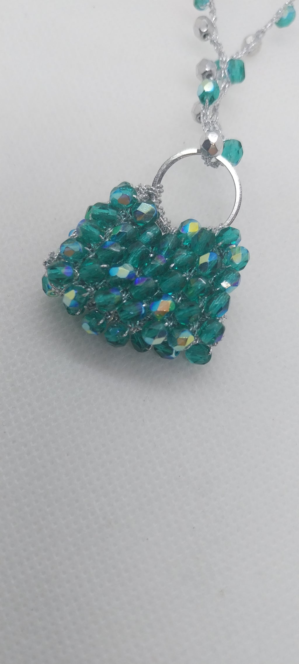 Handbag Pendant Necklace – Silver, Grey & Green Threads, Beaded Ball