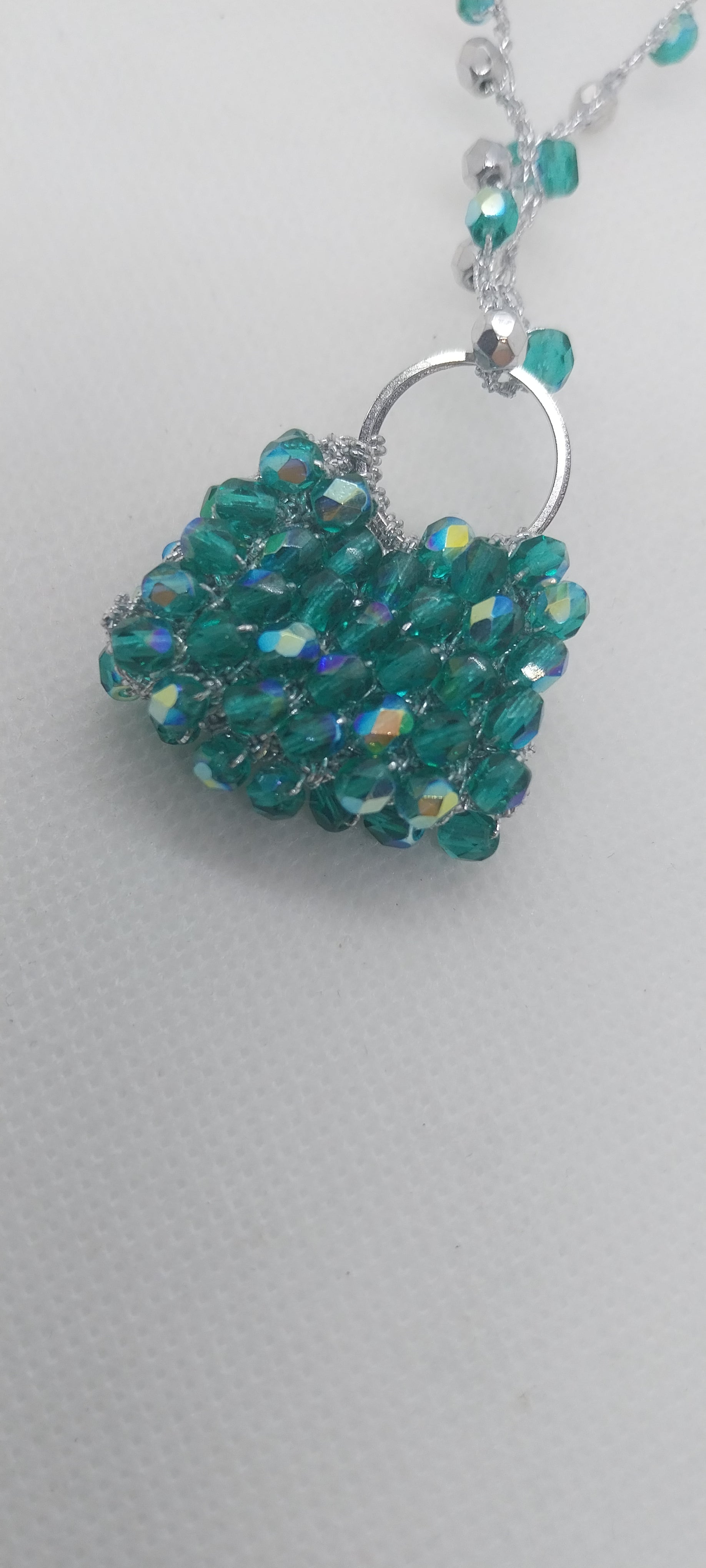 Handbag Pendant Necklace – Silver, Grey & Green Threads, Beaded Ball