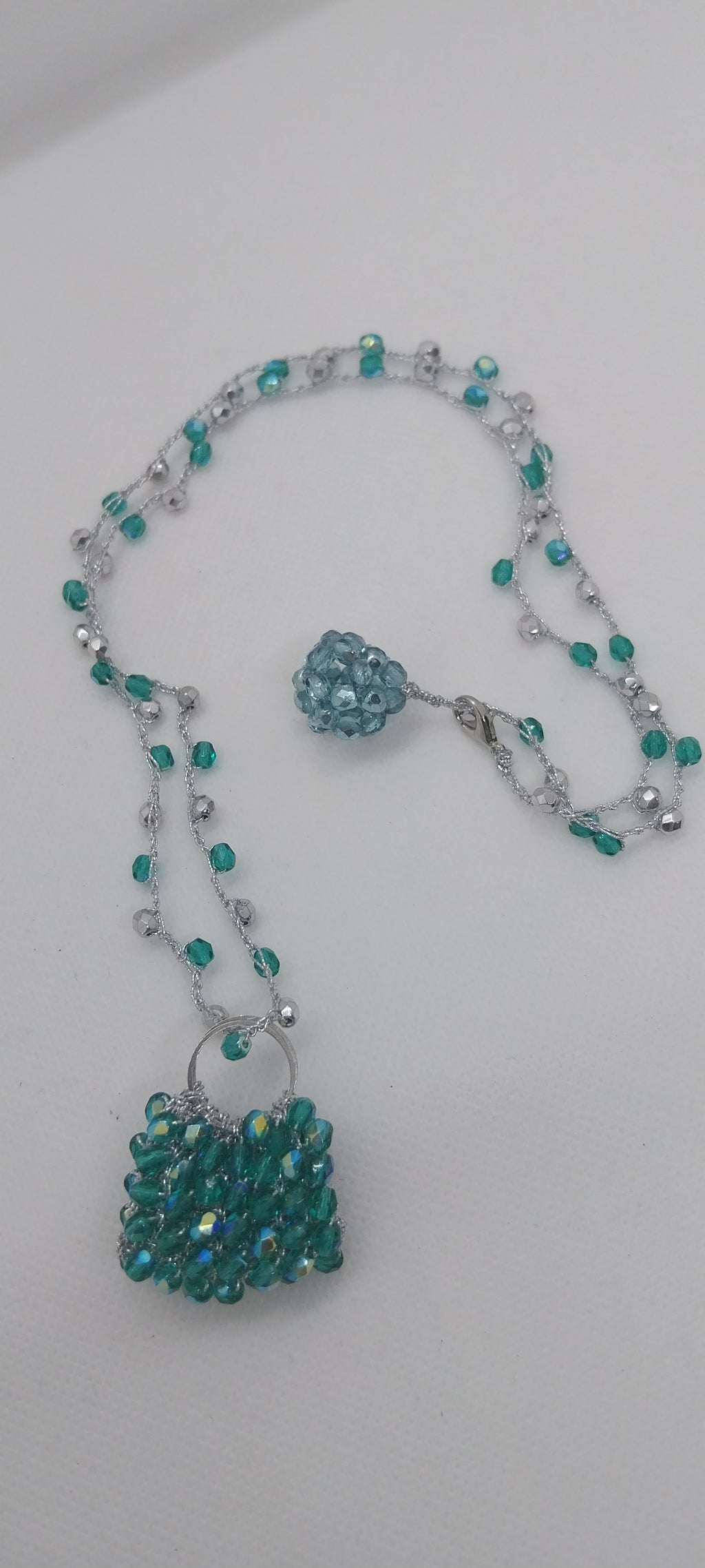 Handbag Pendant Necklace – Silver, Grey & Green Threads, Beaded Ball