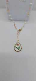 Dried Flower Pendant Necklace – Gold, White & Pink, Cube & Flower Beads
