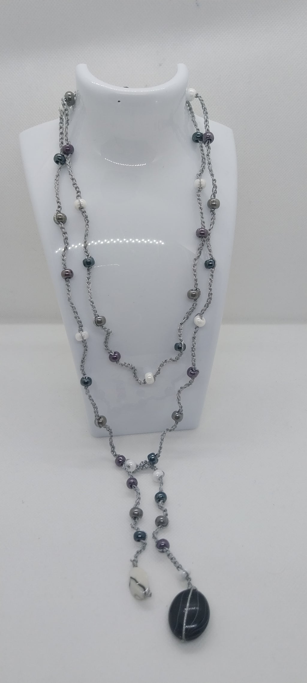 Silver-Plated Wire Necklace – Black & White Pearls, White, Dark Green, Brown & Pearly Purple Tones