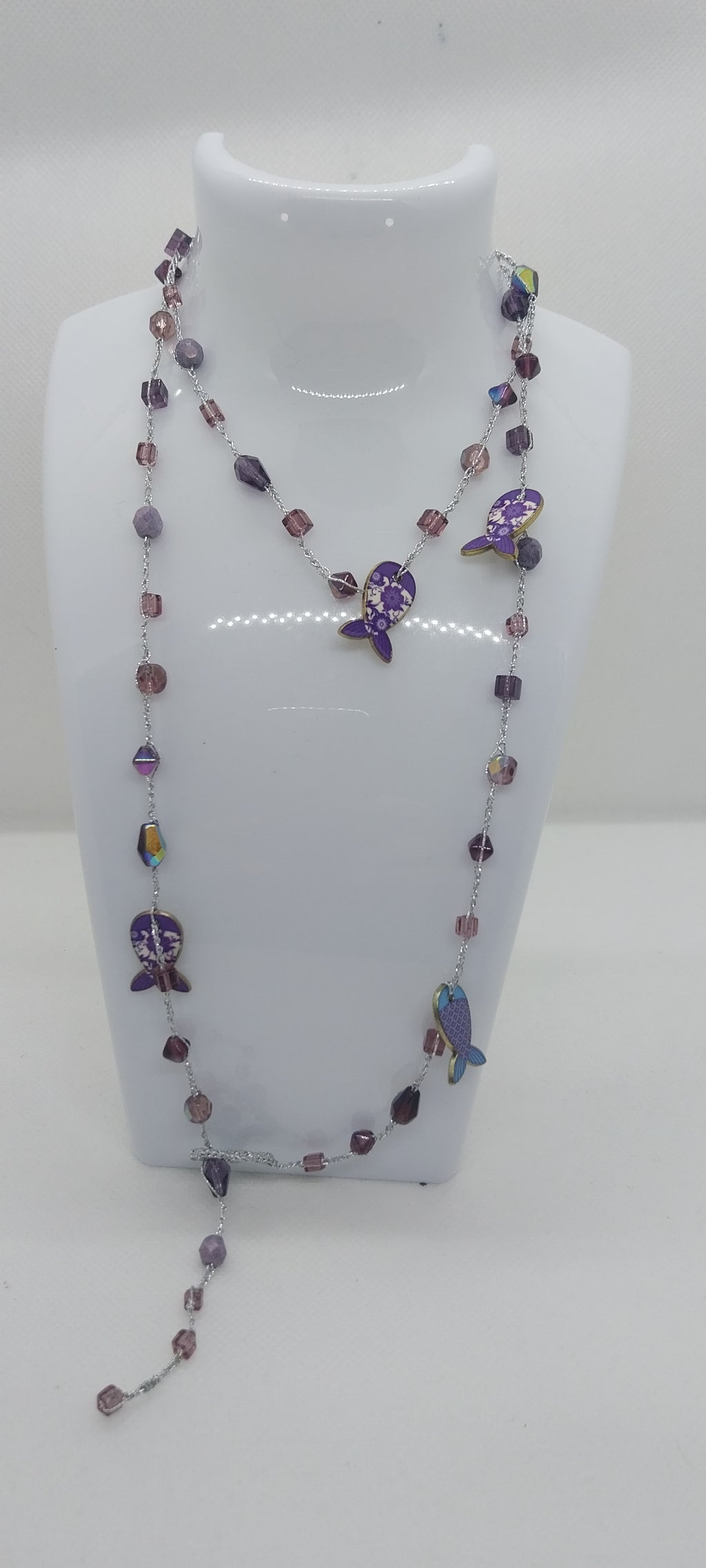 Silver-Plated Wire Necklace – Purple Crystal Bead & Fish Pendant