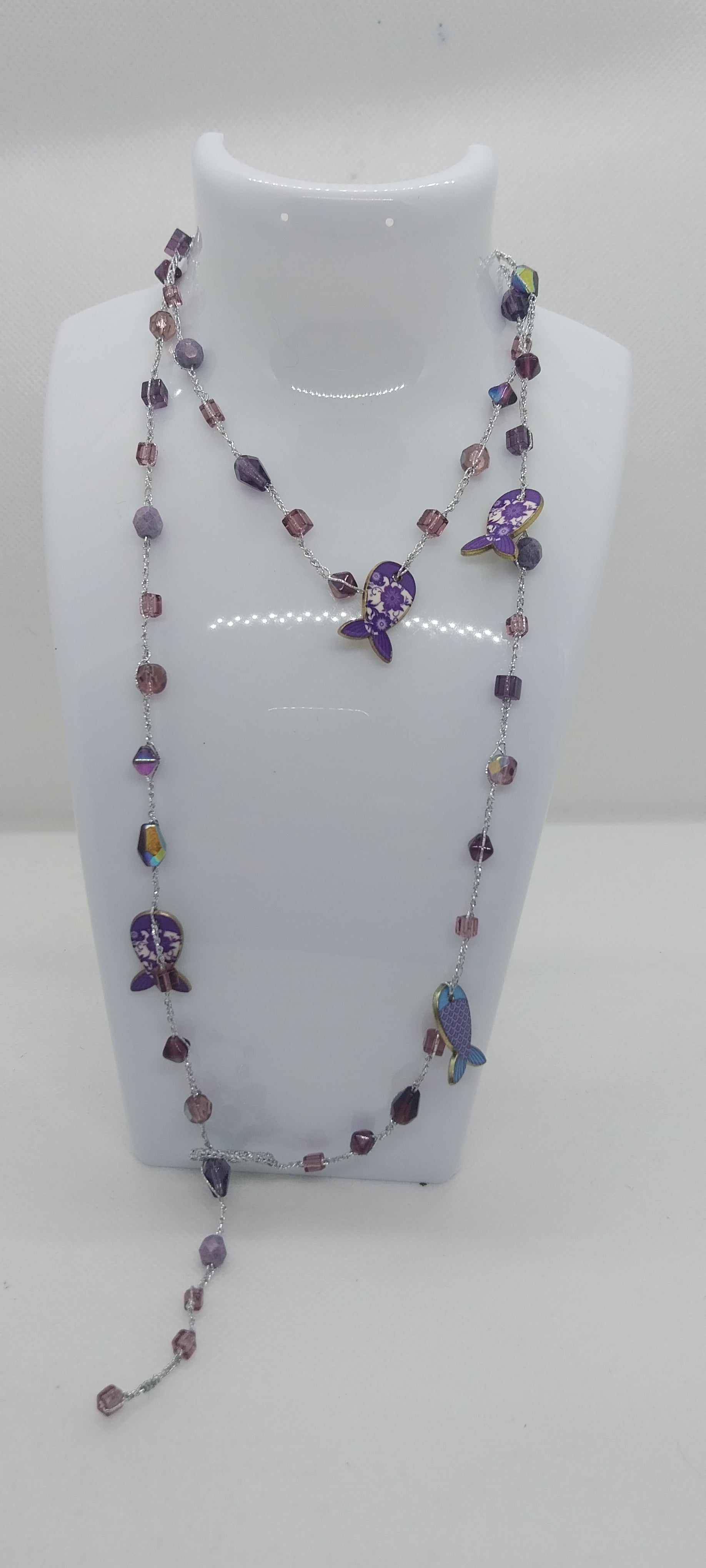 Silver-Plated Wire Necklace – Purple Crystal Bead & Fish Pendant