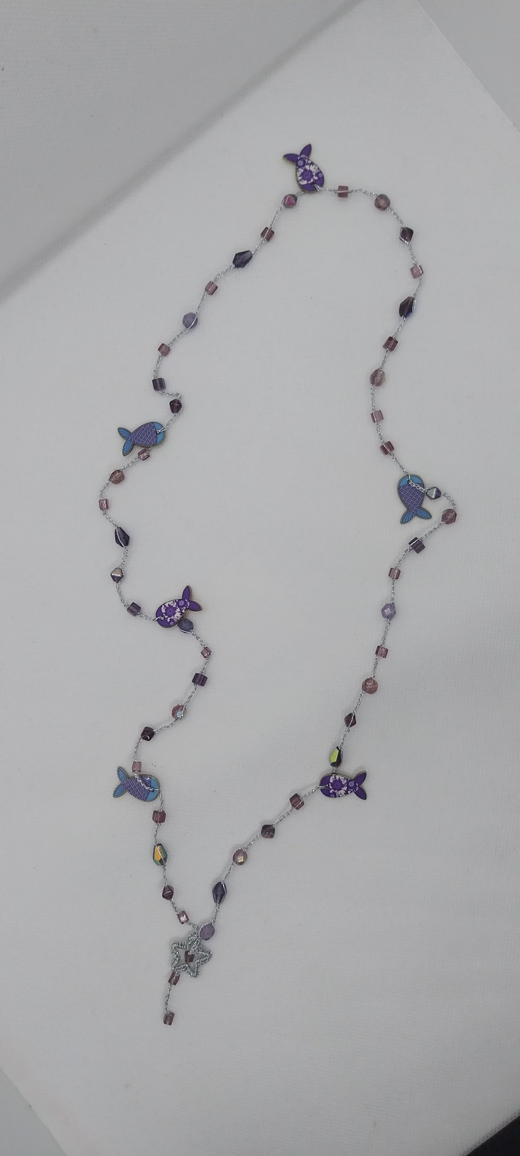 Silver-Plated Wire Necklace – Purple Crystal Bead & Fish Pendant