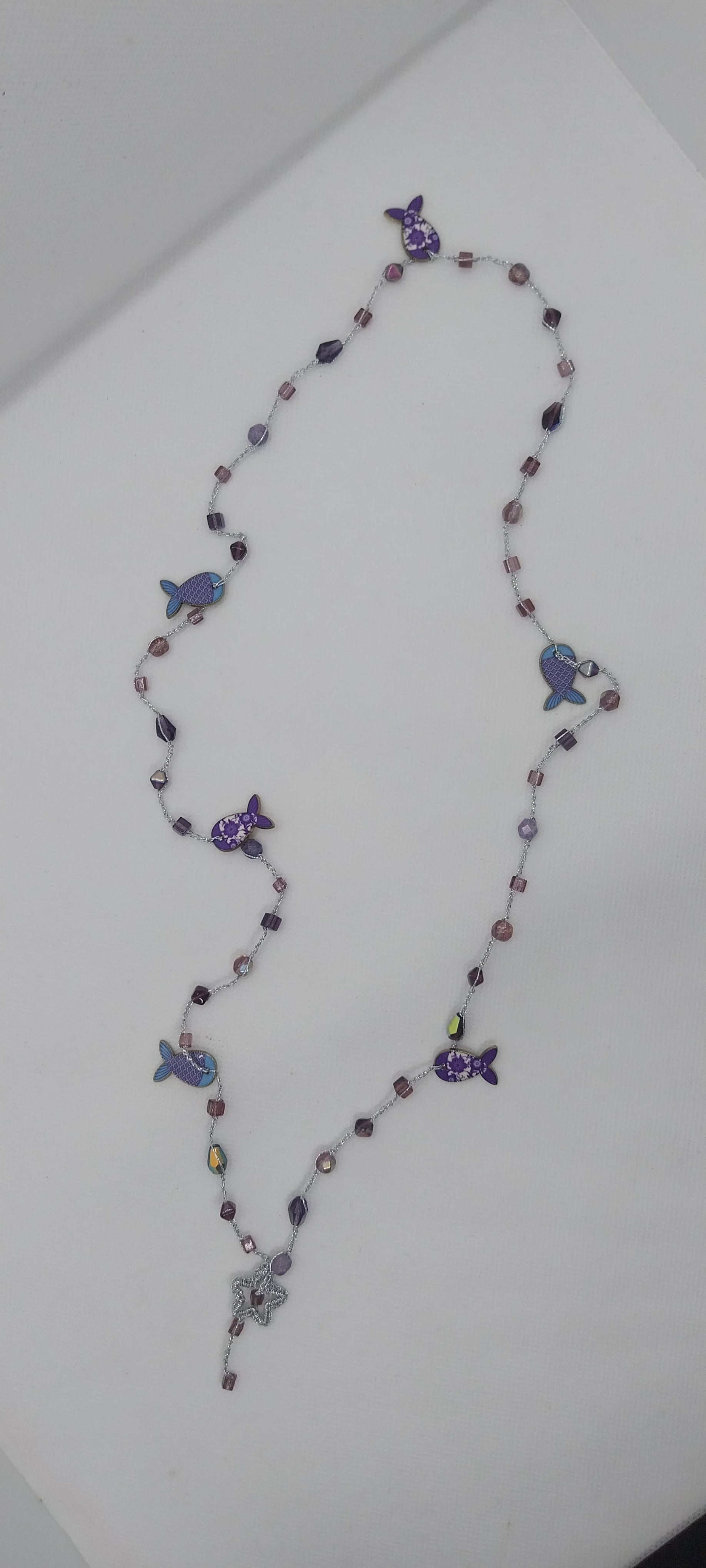 Silver-Plated Wire Necklace – Purple Crystal Bead & Fish Pendant