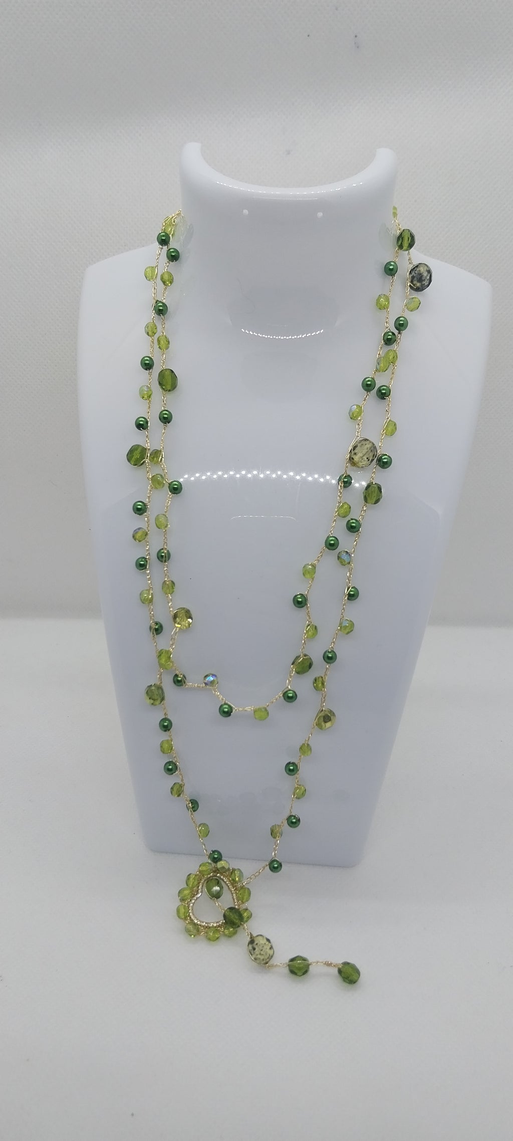 Green & Gold Thread Necklace – Handmade Heart Pendant