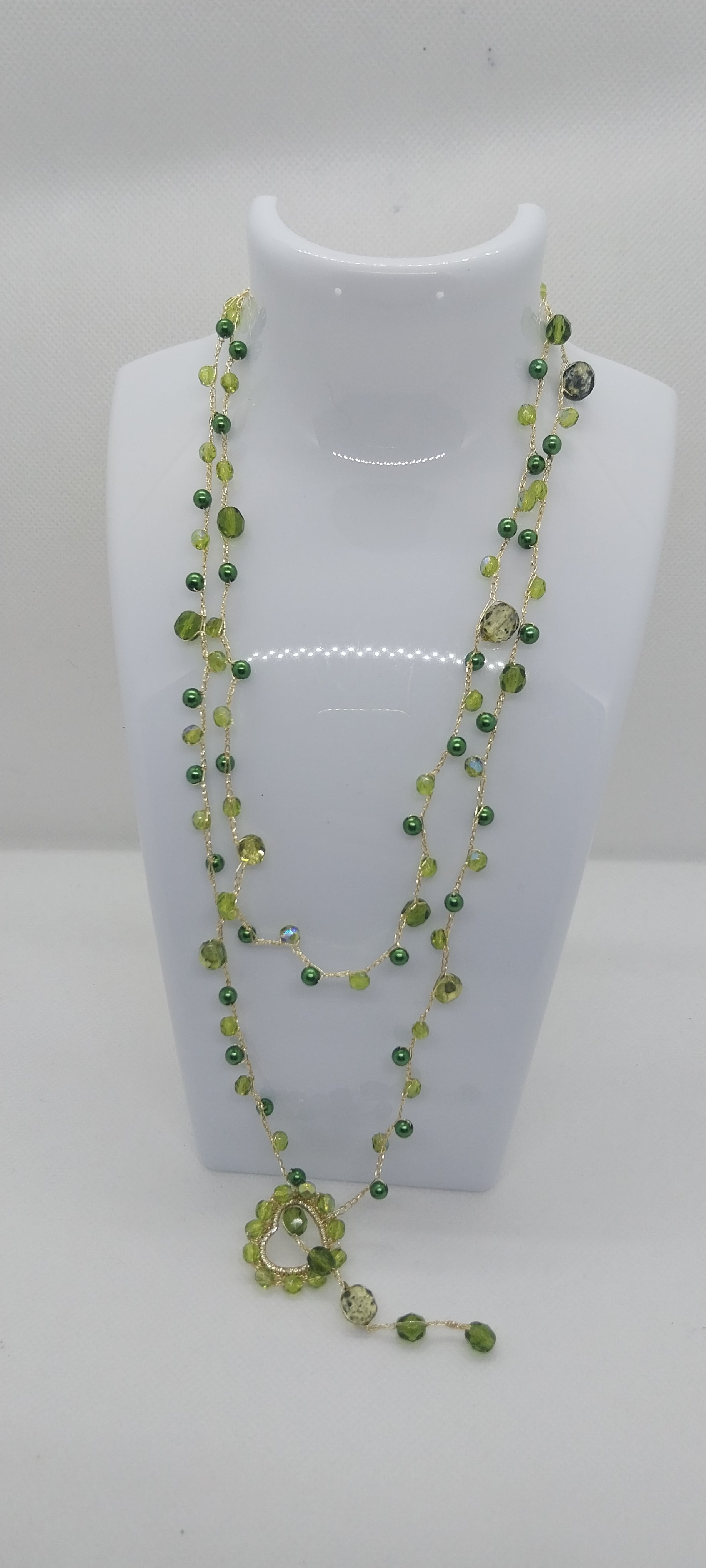 Green & Gold Thread Necklace – Handmade Heart Pendant