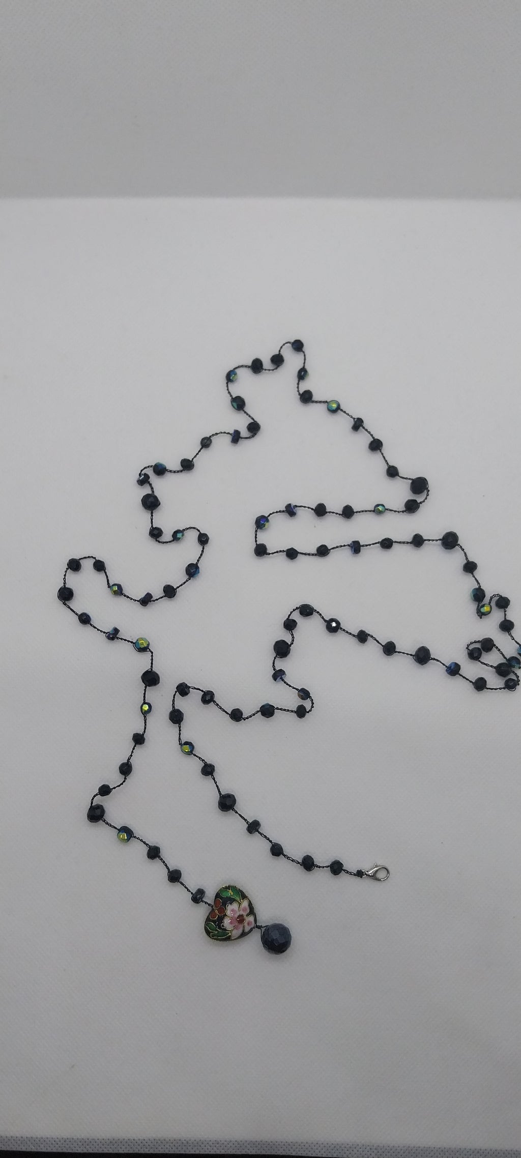 Black Wire Necklace – Black & Heart Crystal Beads, Stainless Steel Clasp