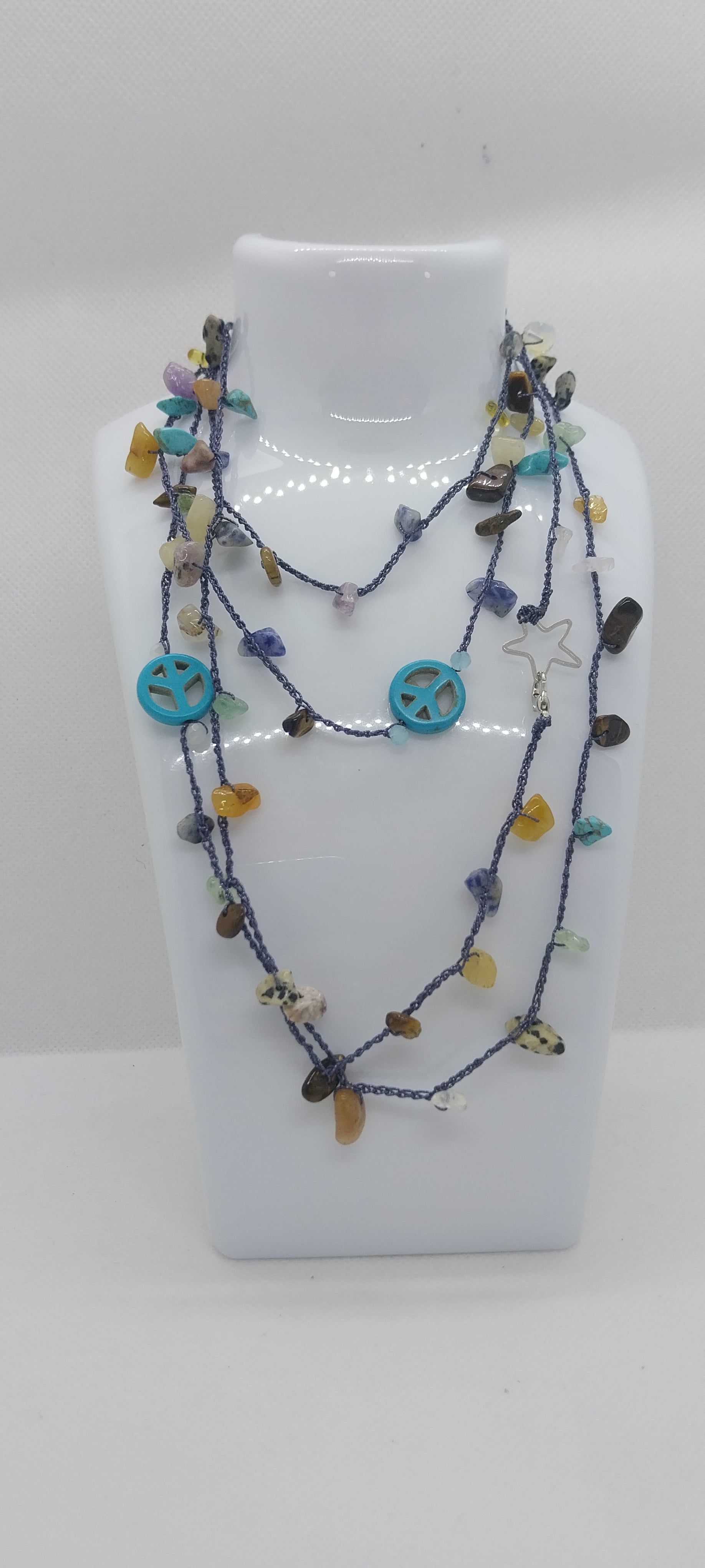 Bohemian Turquoise Blue Necklace - Shimmering Thread, Gemstones & Beads, Peace and Love