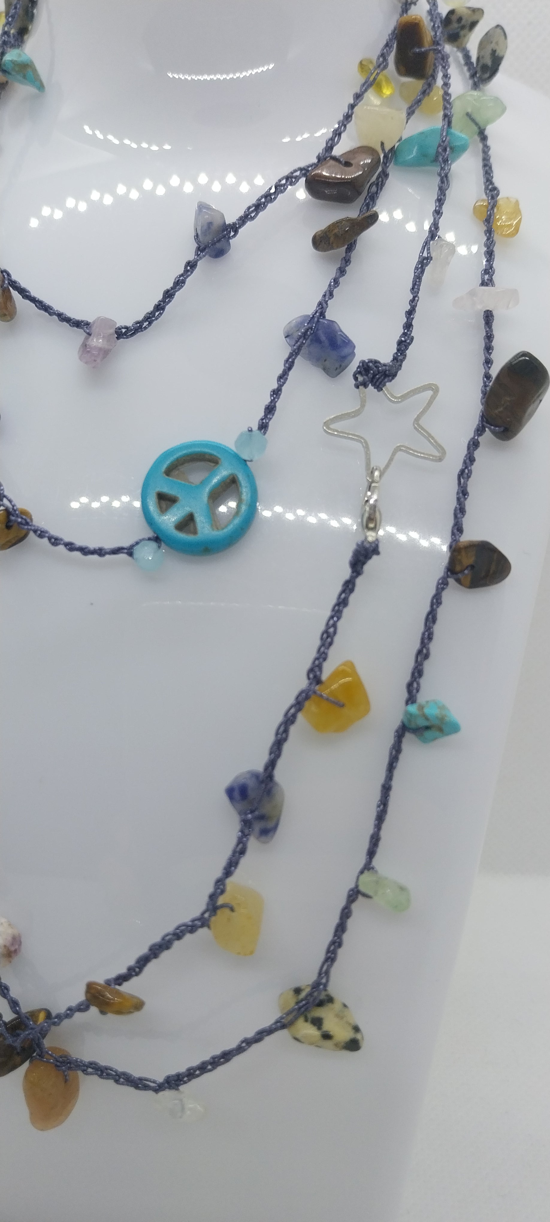 Bohemian Turquoise Blue Necklace - Shimmering Thread, Gemstones & Beads, Peace and Love