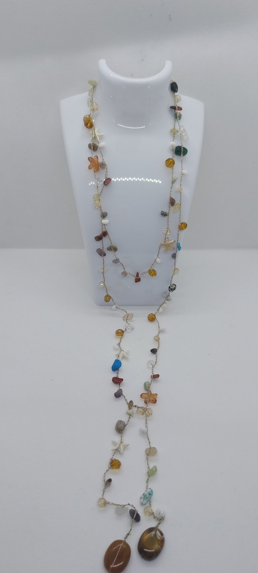 Mixed Gold & Silver Thread Necklace – Precious Stone, Shell & Large Pearly Brown Pearl