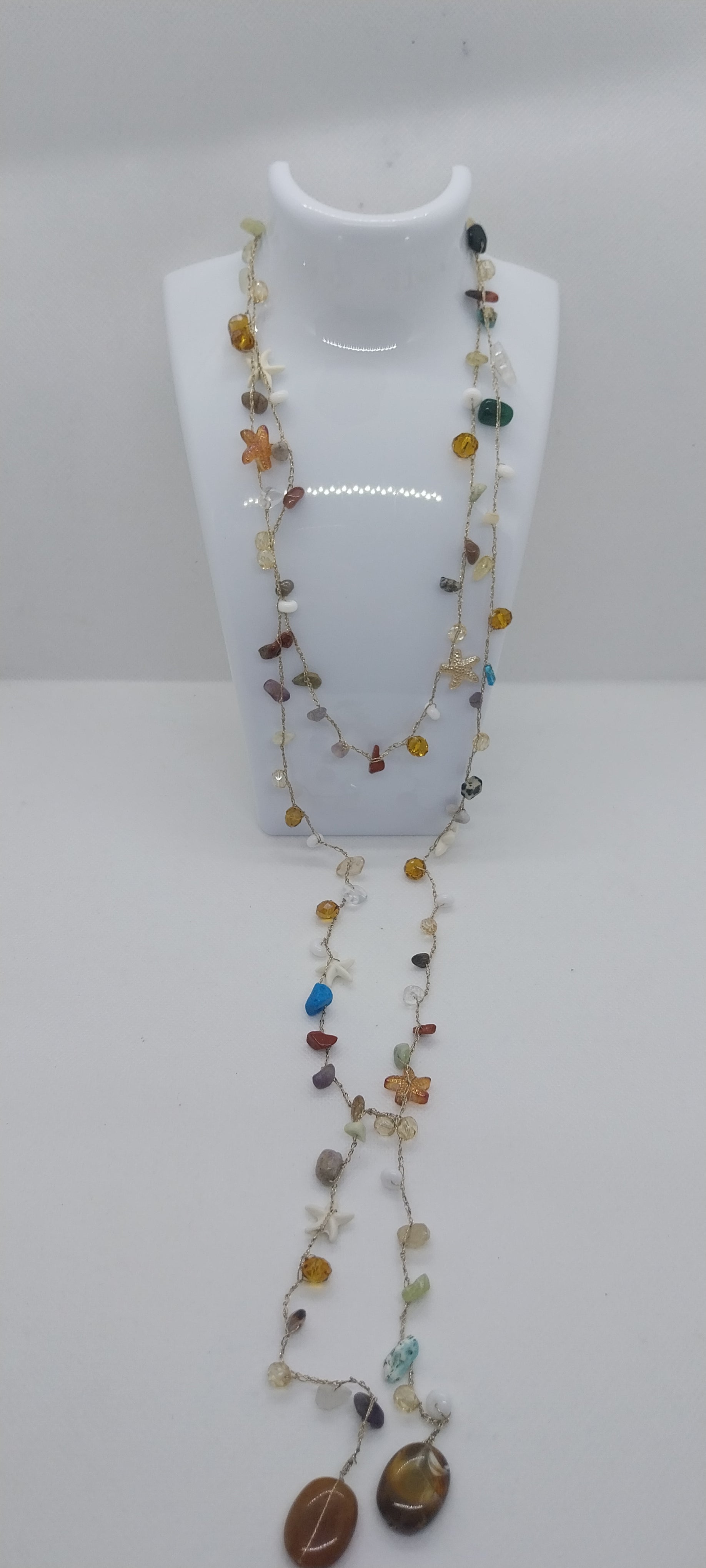 Mixed Gold & Silver Thread Necklace – Precious Stone, Shell & Large Pearly Brown Pearl