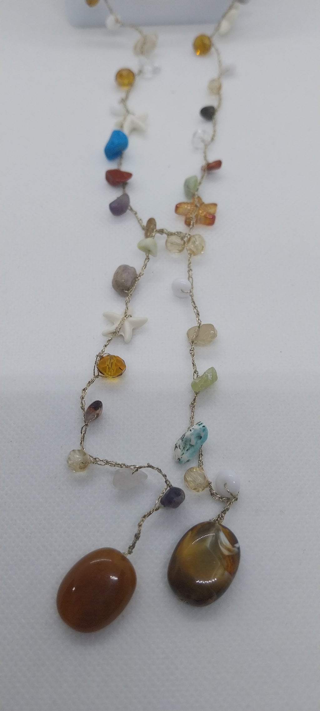 Mixed Gold & Silver Thread Necklace – Precious Stone, Shell & Large Pearly Brown Pearl