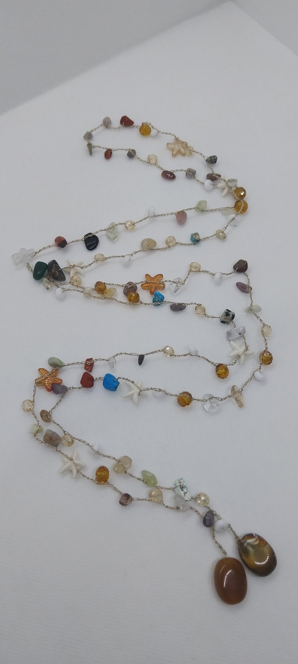 Mixed Gold & Silver Thread Necklace – Precious Stone, Shell & Large Pearly Brown Pearl
