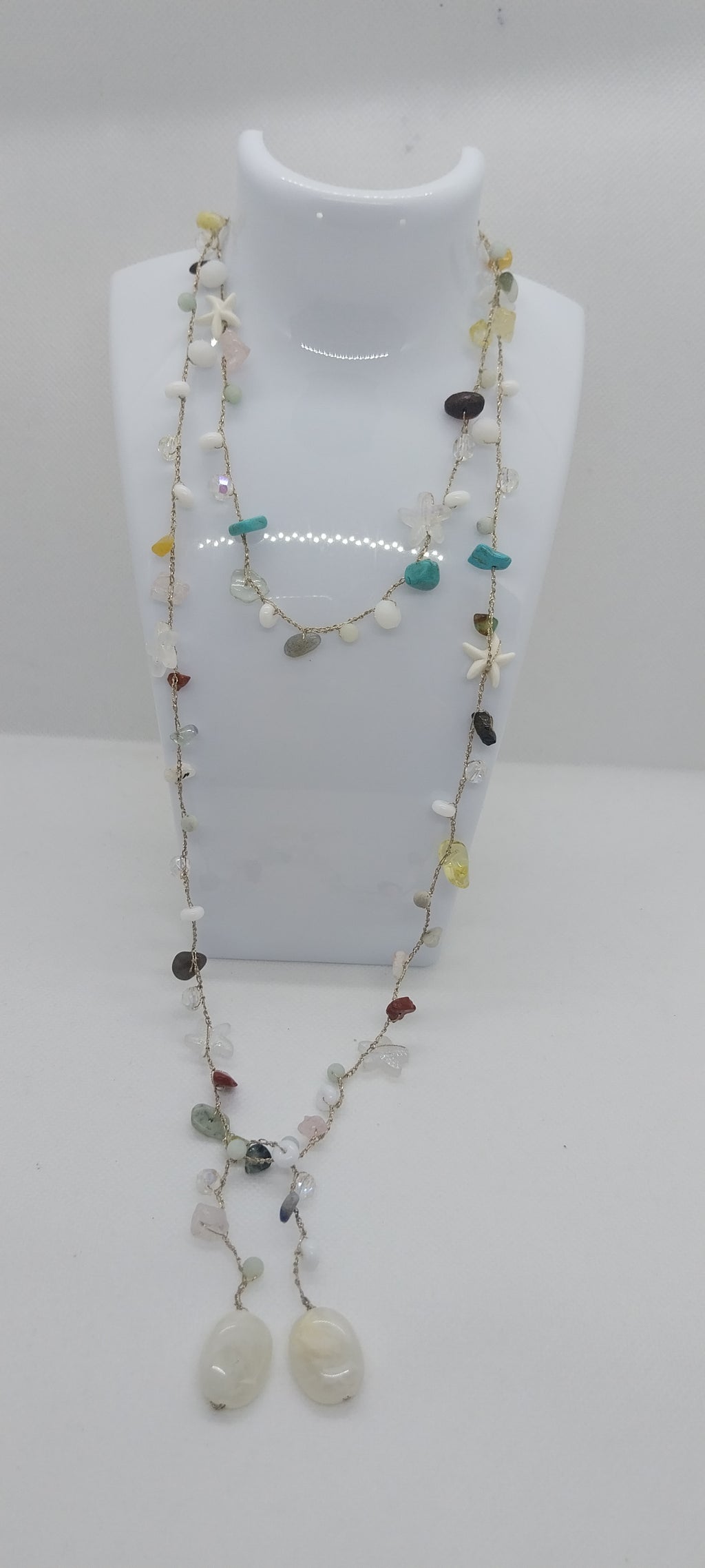 Gold & Silver Mixed Wire Necklace – Precious Stones, Shell & Large Pearly White Pearl