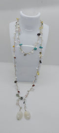 Gold & Silver Mixed Wire Necklace – Precious Stones, Shell & Large Pearly White Pearl