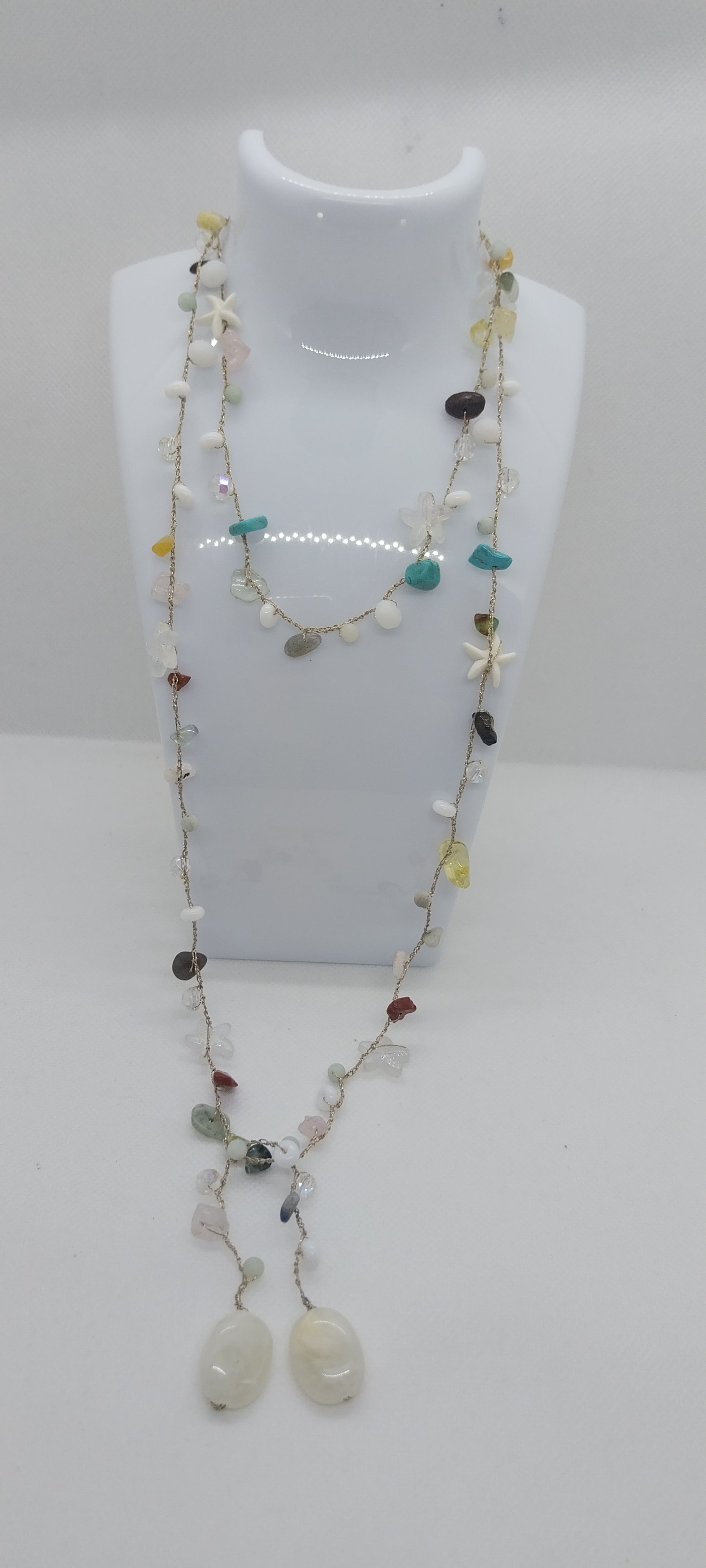 Gold & Silver Mixed Wire Necklace – Precious Stones, Shell & Large Pearly White Pearl