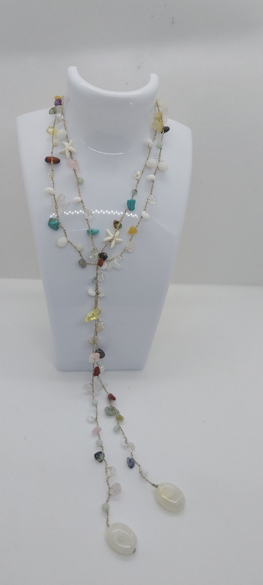 Gold & Silver Mixed Wire Necklace – Precious Stones, Shell & Large Pearly White Pearl