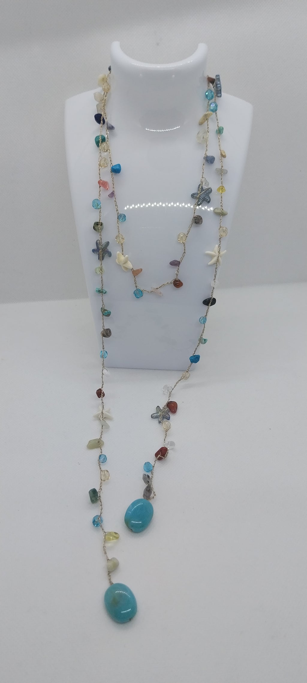 Mixed Gold & Silver Thread Necklace – Gemstones, Shell & Large Turquoise Blue Pearl