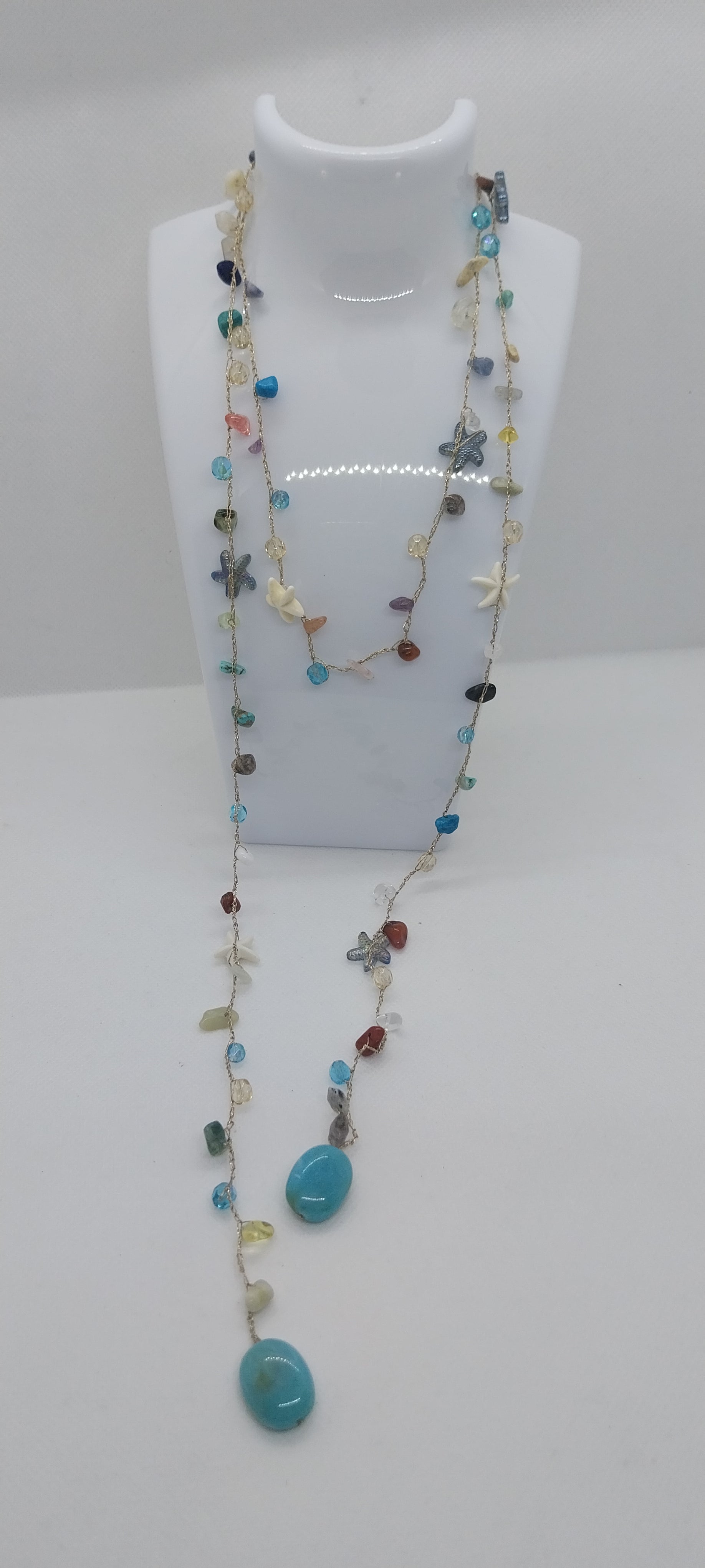 Mixed Gold & Silver Thread Necklace – Gemstones, Shell & Large Turquoise Blue Pearl