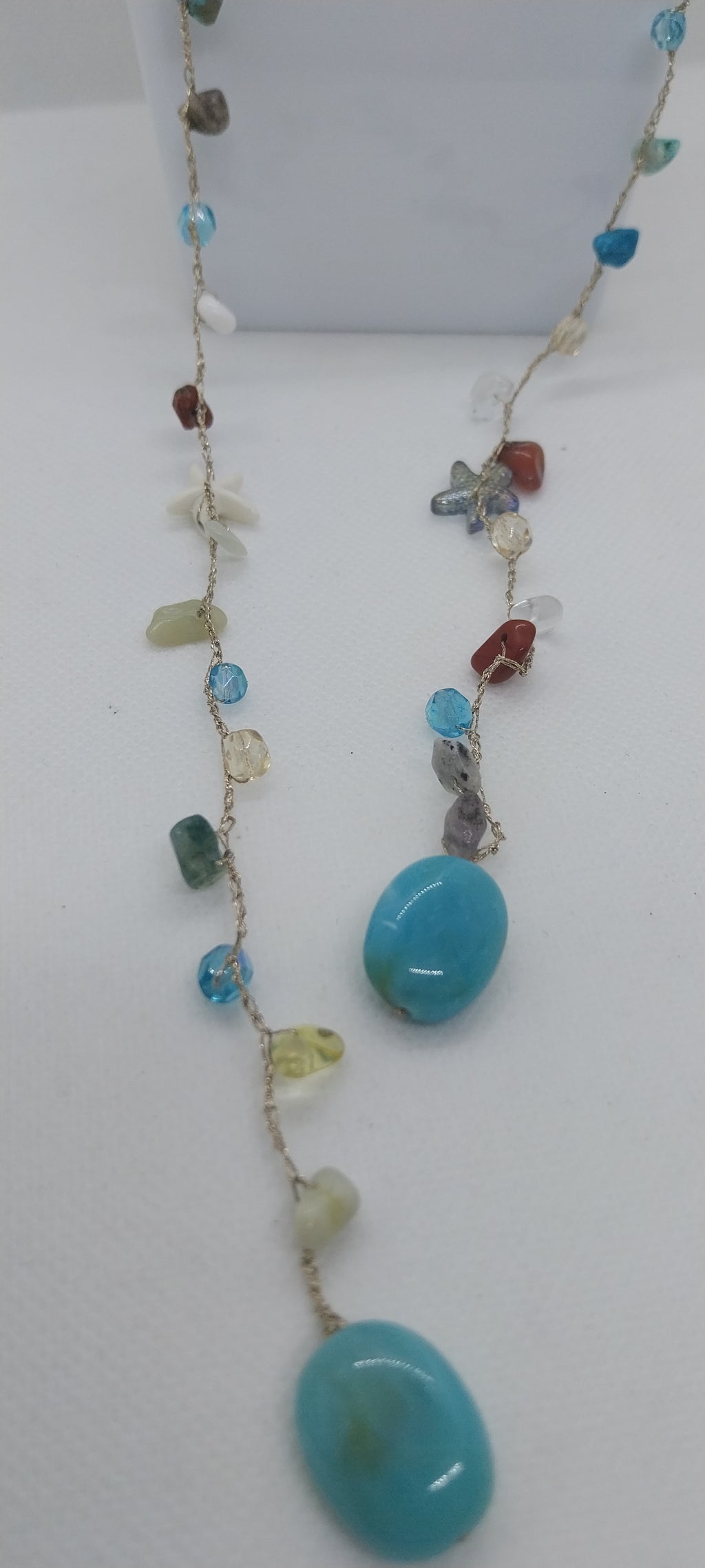 Mixed Gold & Silver Thread Necklace – Gemstones, Shell & Large Turquoise Blue Pearl