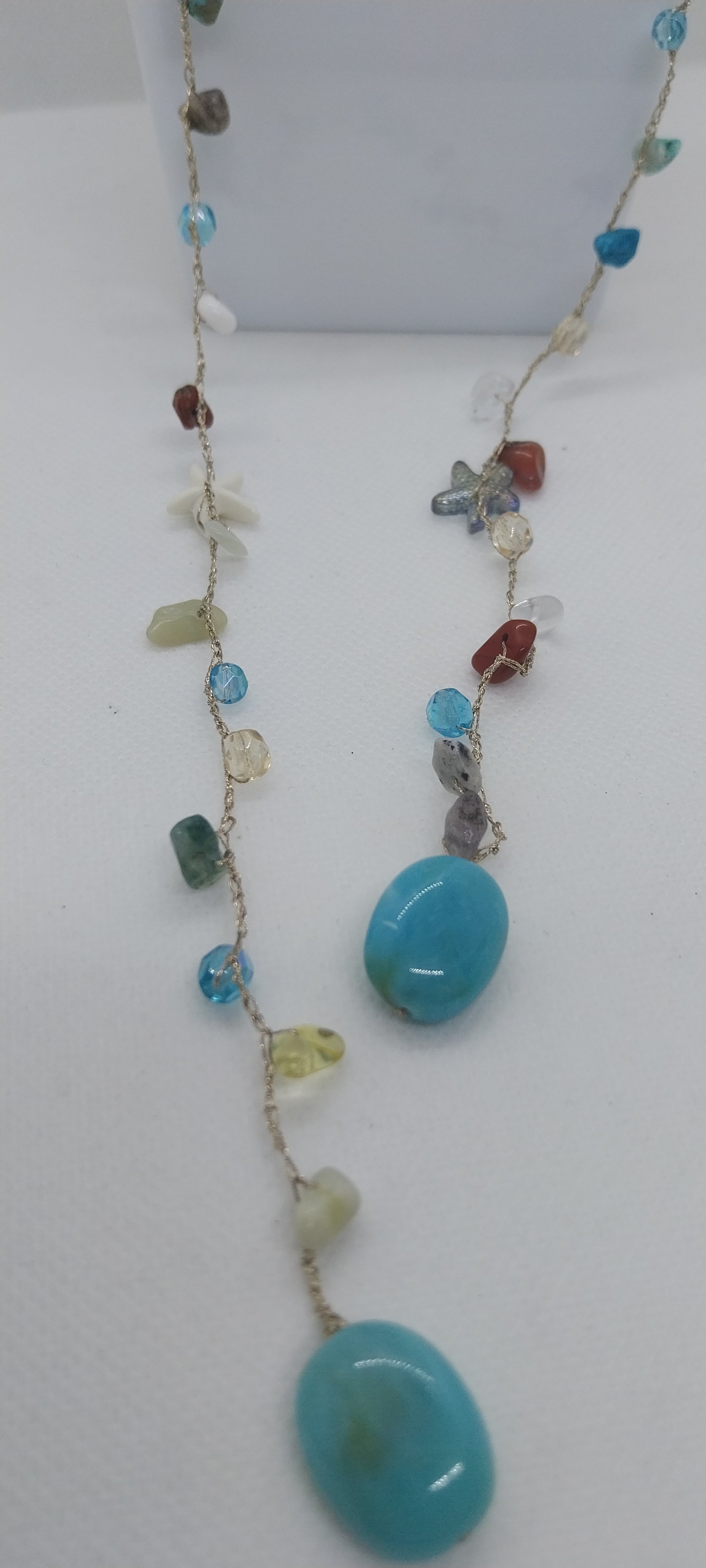 Mixed Gold & Silver Thread Necklace – Gemstones, Shell & Large Turquoise Blue Pearl