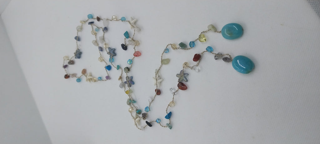 Mixed Gold & Silver Thread Necklace – Gemstones, Shell & Large Turquoise Blue Pearl