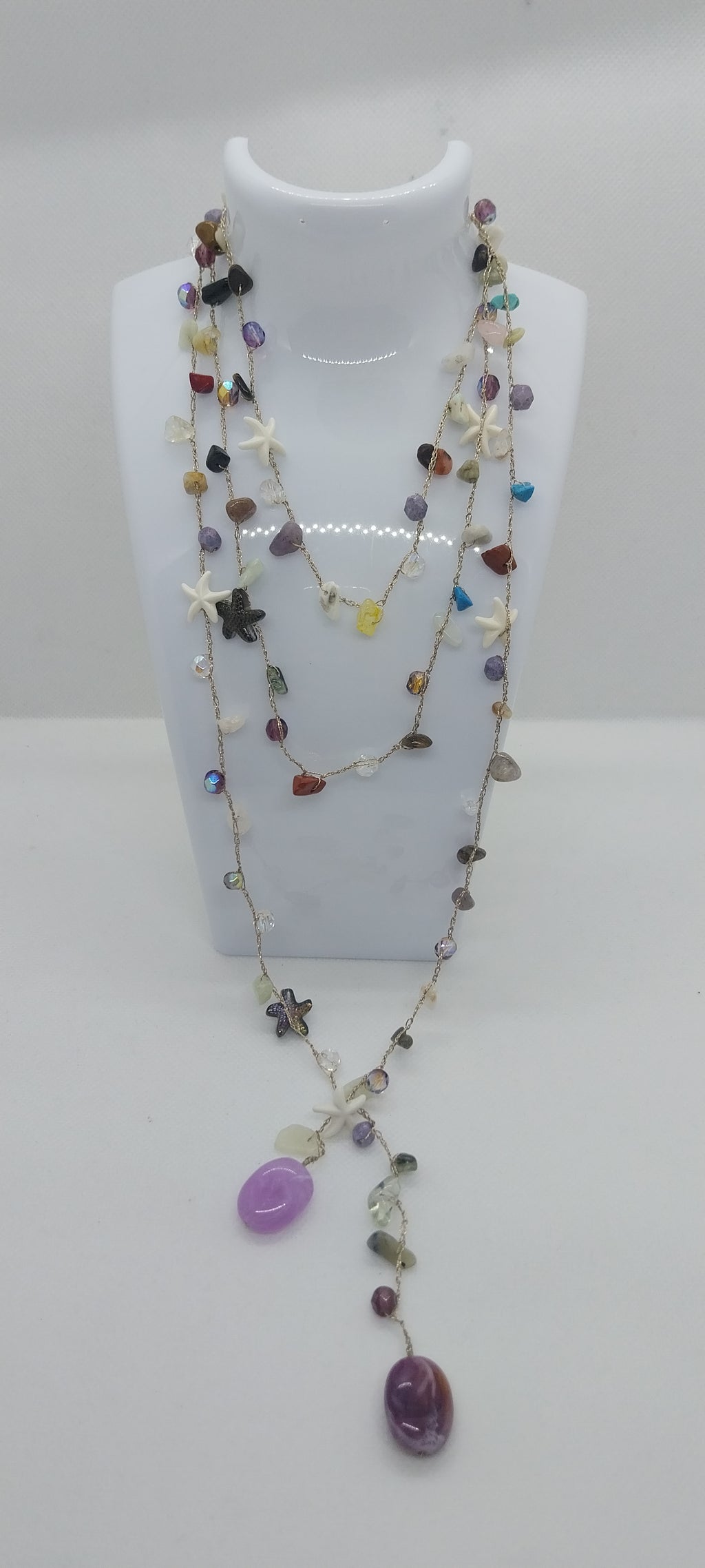 Mixed Gold & Silver Thread Necklace – Gemstones, Shell & Large Purple Pearl