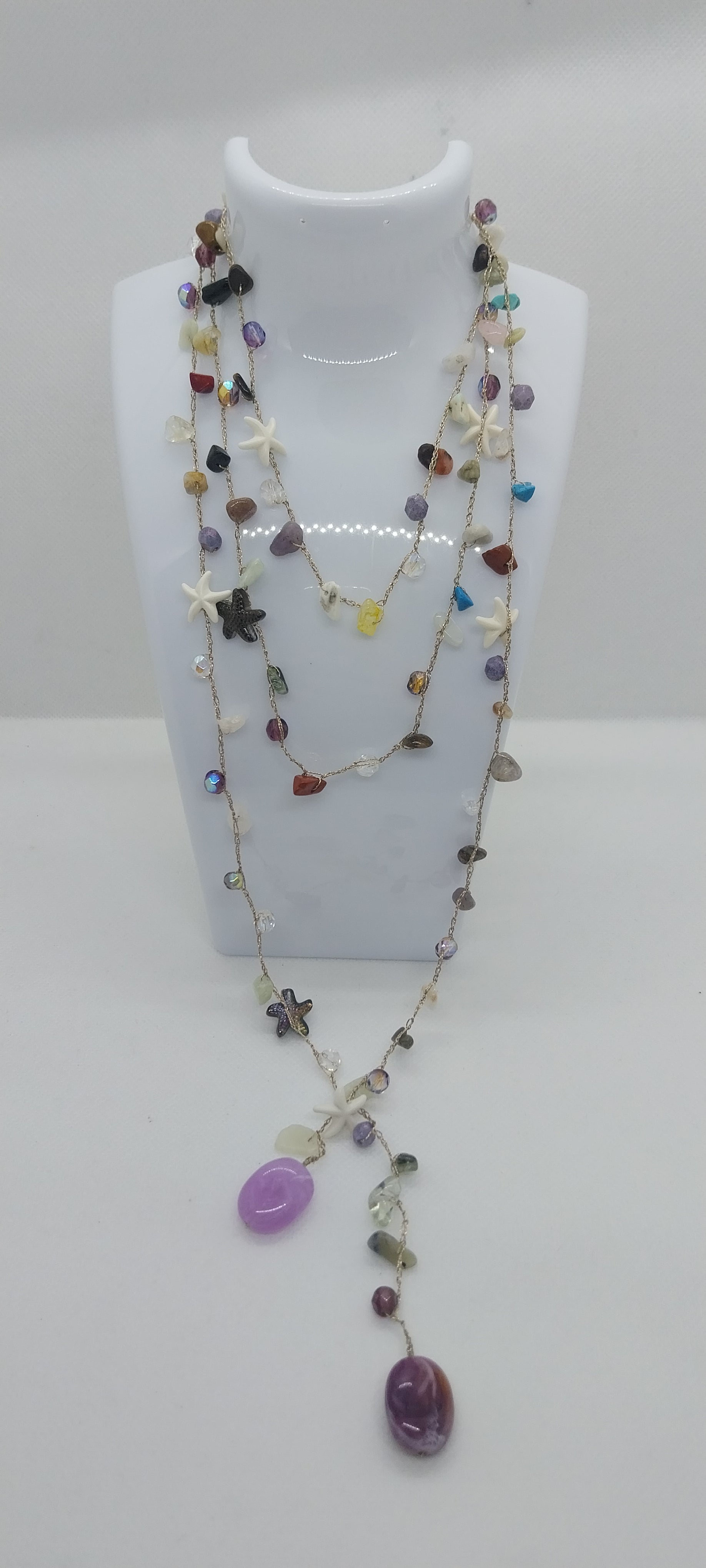 Mixed Gold & Silver Thread Necklace – Gemstones, Shell & Large Purple Pearl