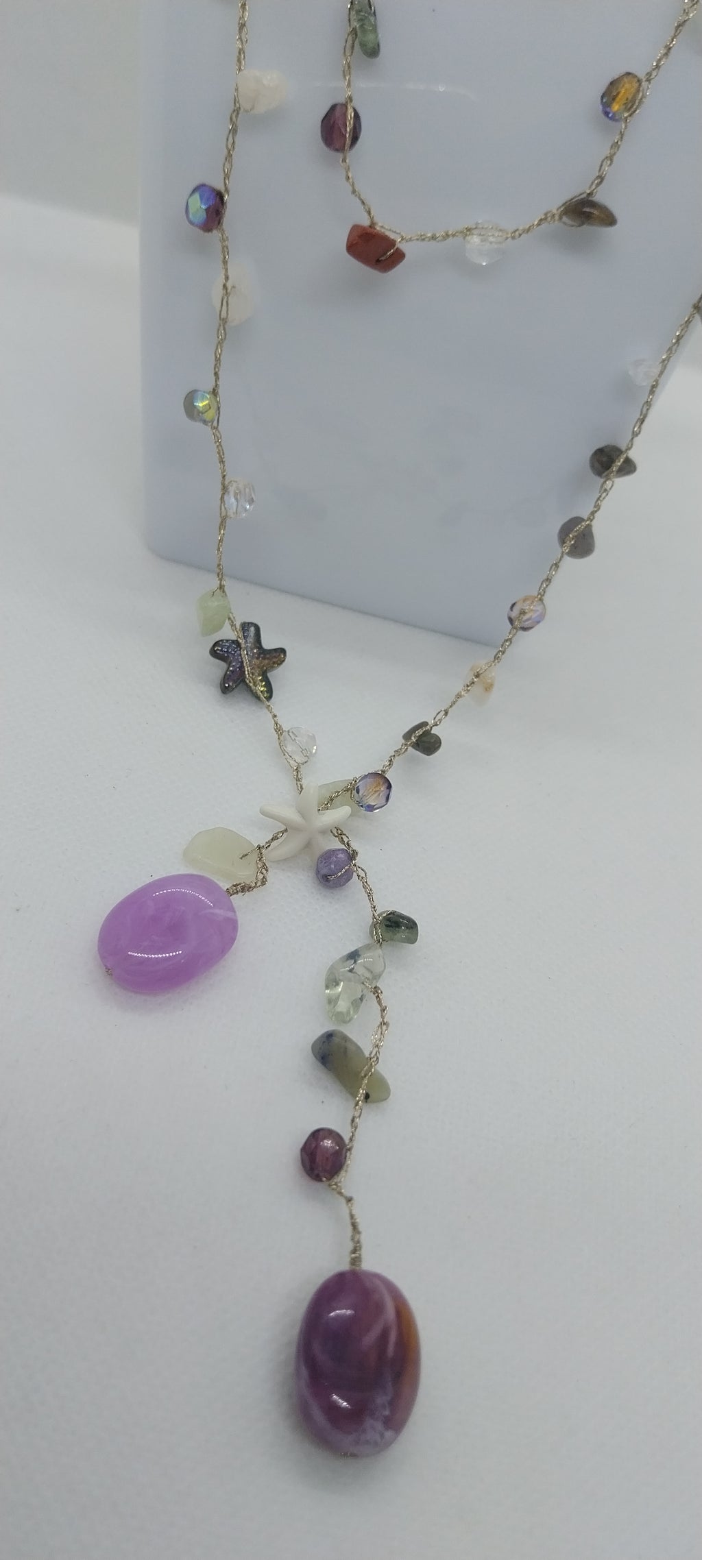 Mixed Gold & Silver Thread Necklace – Gemstones, Shell & Large Purple Pearl