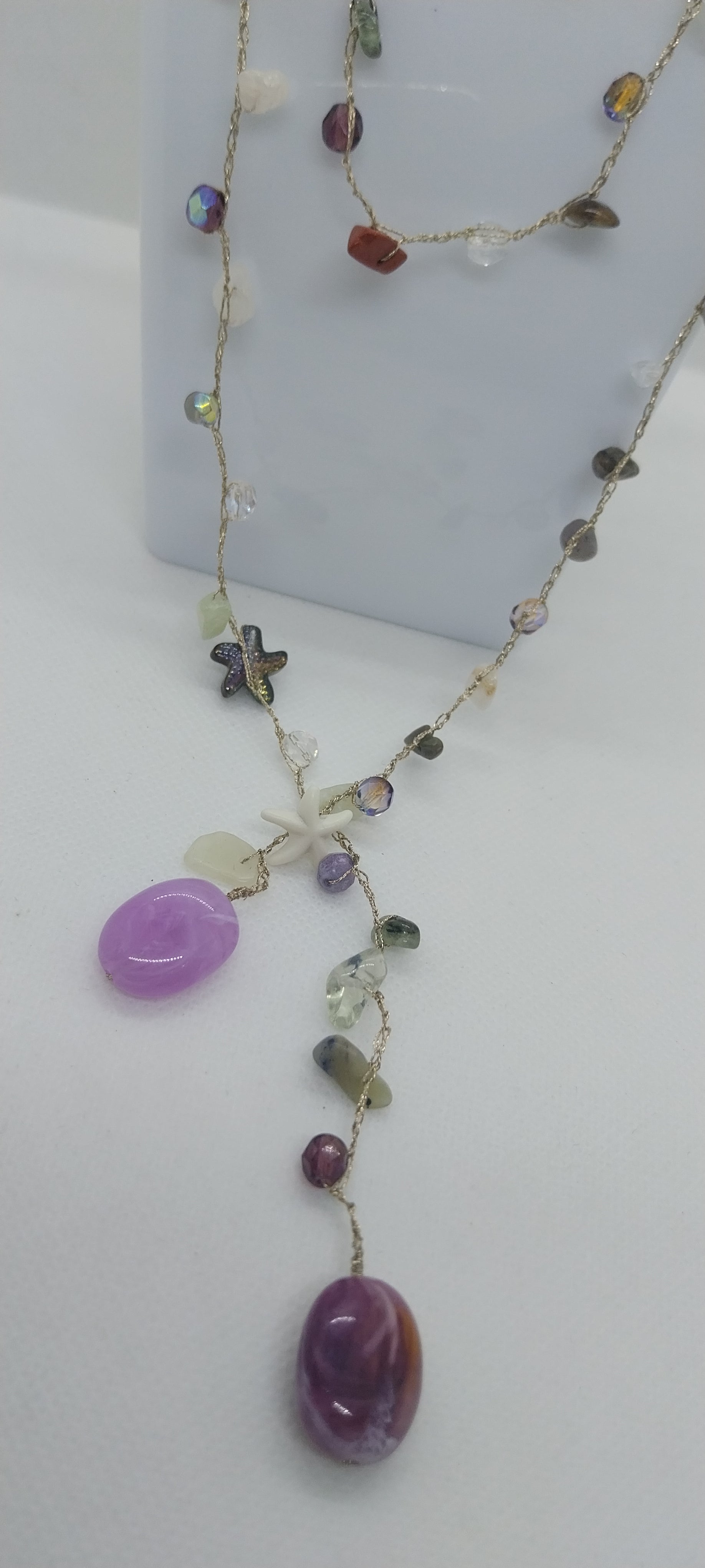 Mixed Gold & Silver Thread Necklace – Gemstones, Shell & Large Purple Pearl