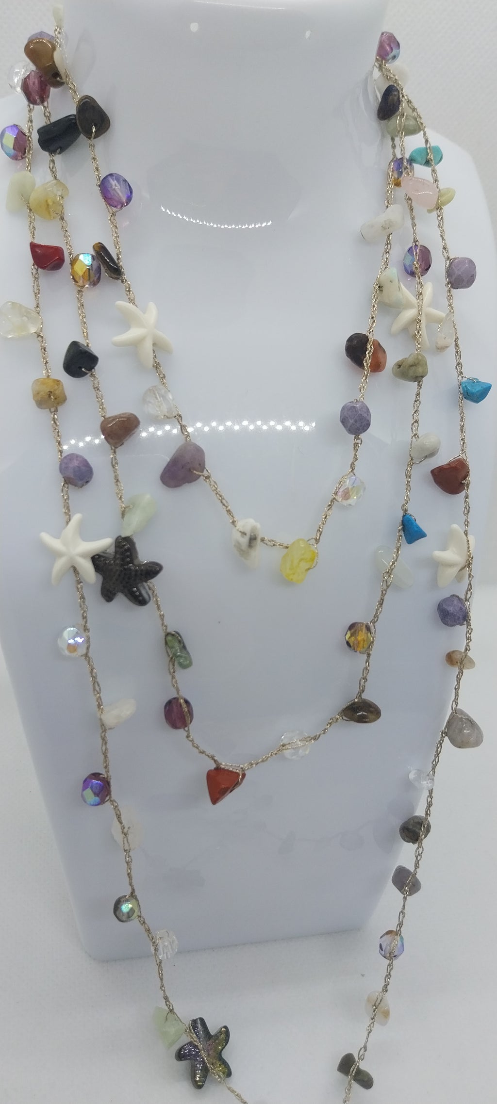 Mixed Gold & Silver Thread Necklace – Gemstones, Shell & Large Purple Pearl