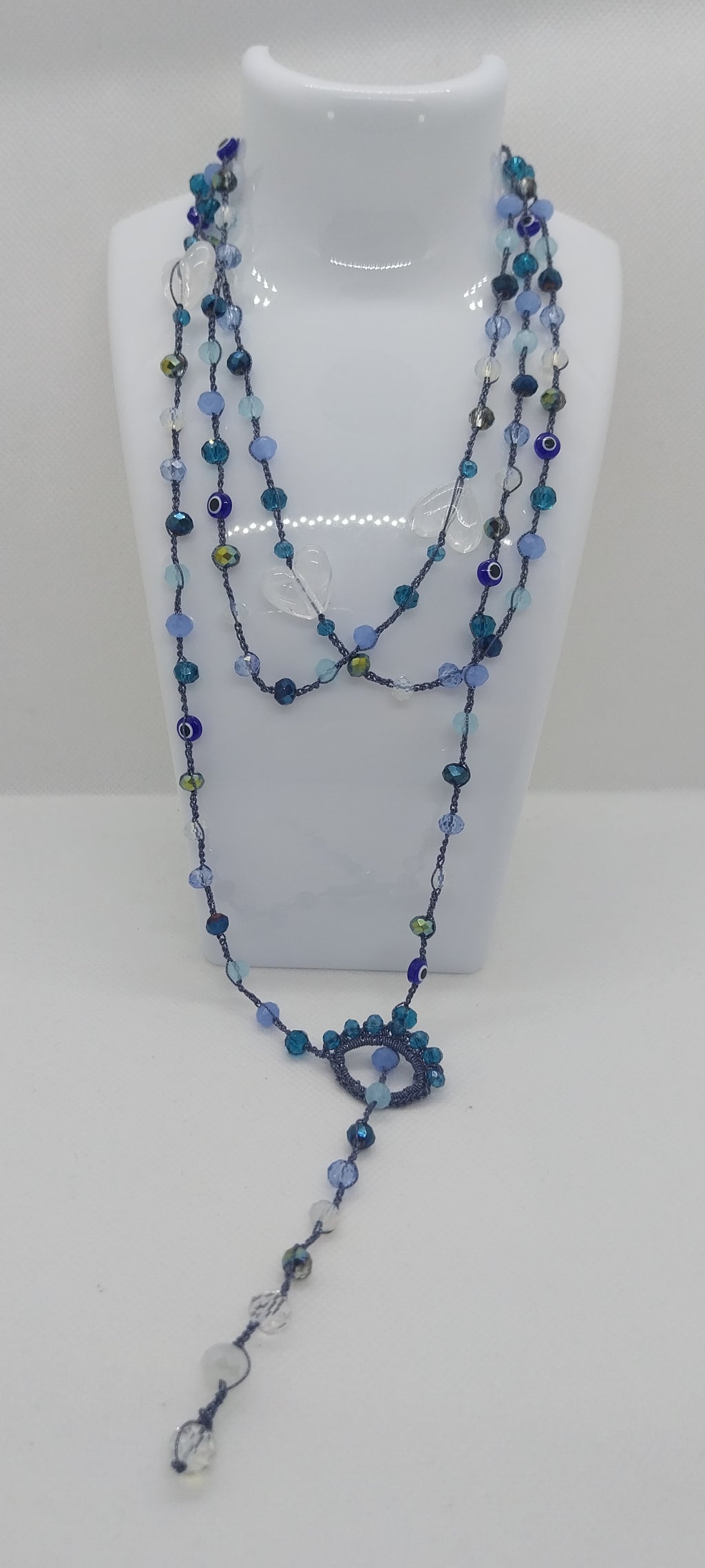 Shiny Blue Thread Necklace – White Heart & Tiger's Eye Beads