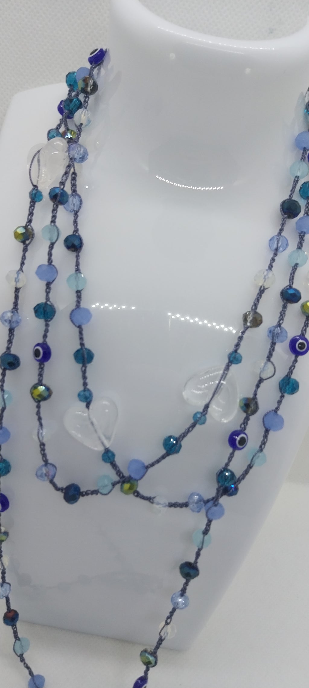 Shiny Blue Thread Necklace – White Heart & Tiger's Eye Beads