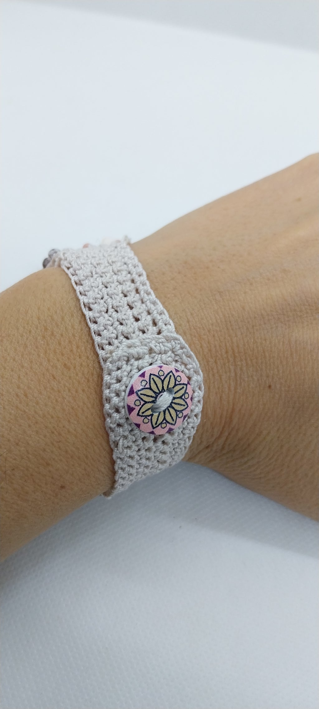 Bracelet Rosée - Fil Coton Beige & Perle Rose