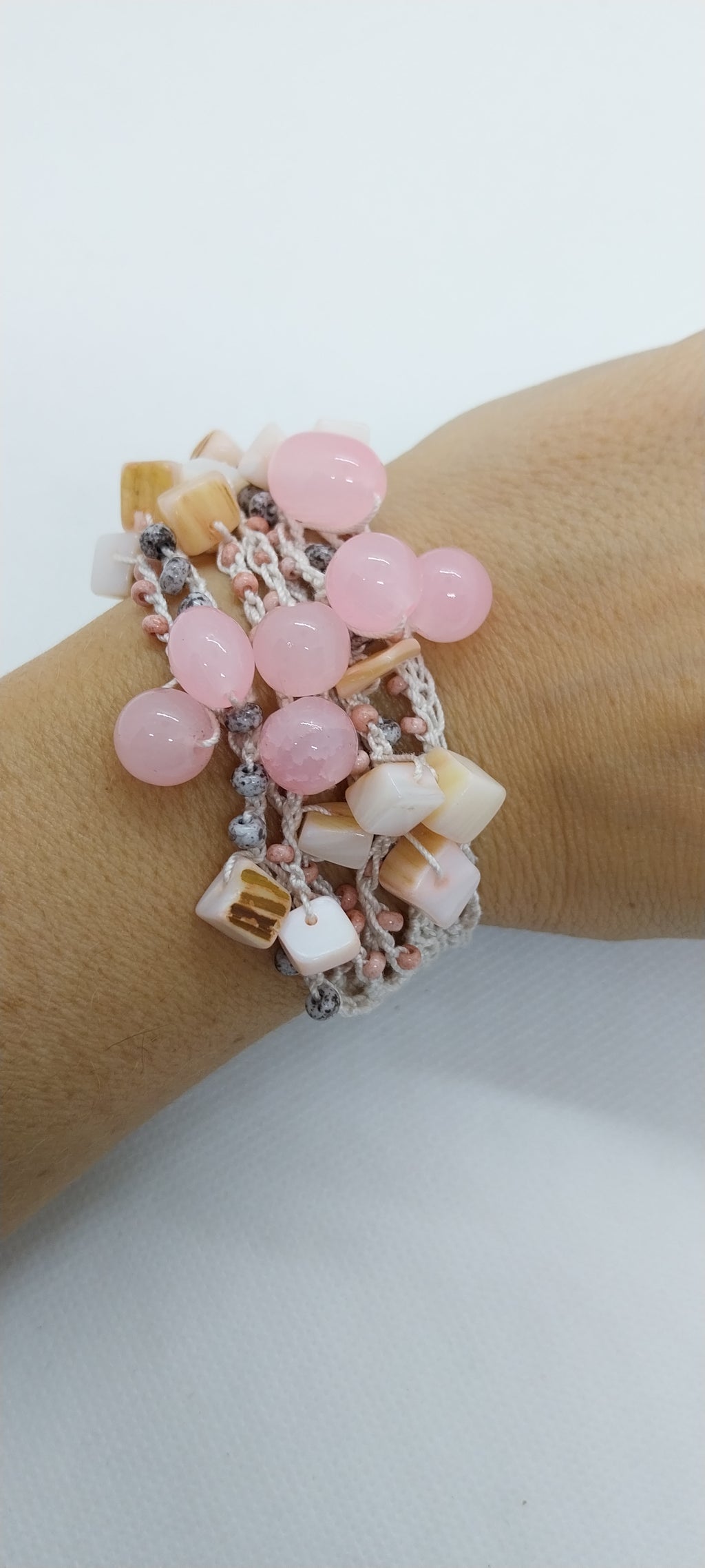Bracelet Rosée - Fil Coton Beige & Perle Rose