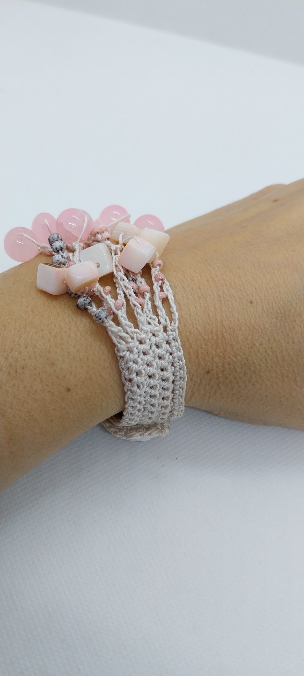 Bracelet Rosée - Fil Coton Beige & Perle Rose