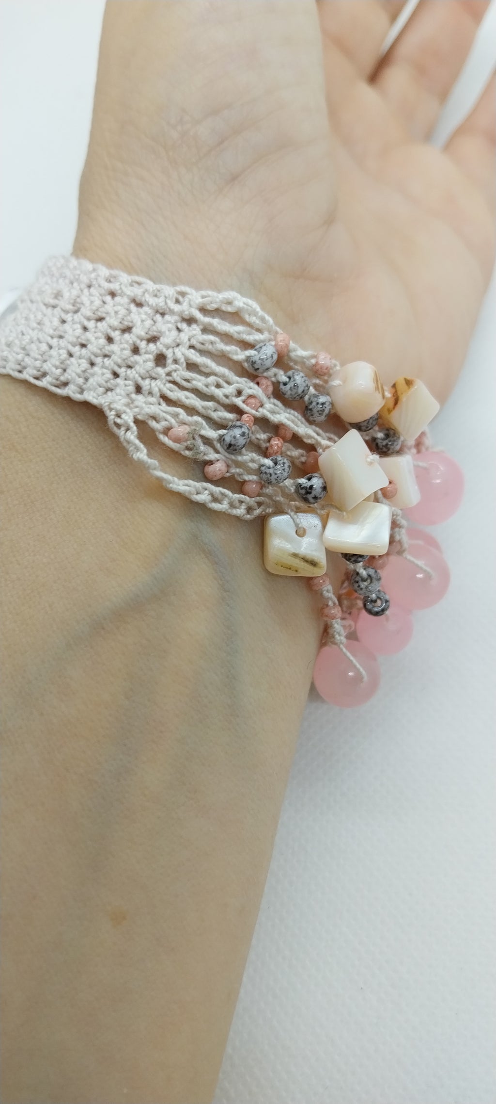 Bracelet Rosée - Fil Coton Beige & Perle Rose