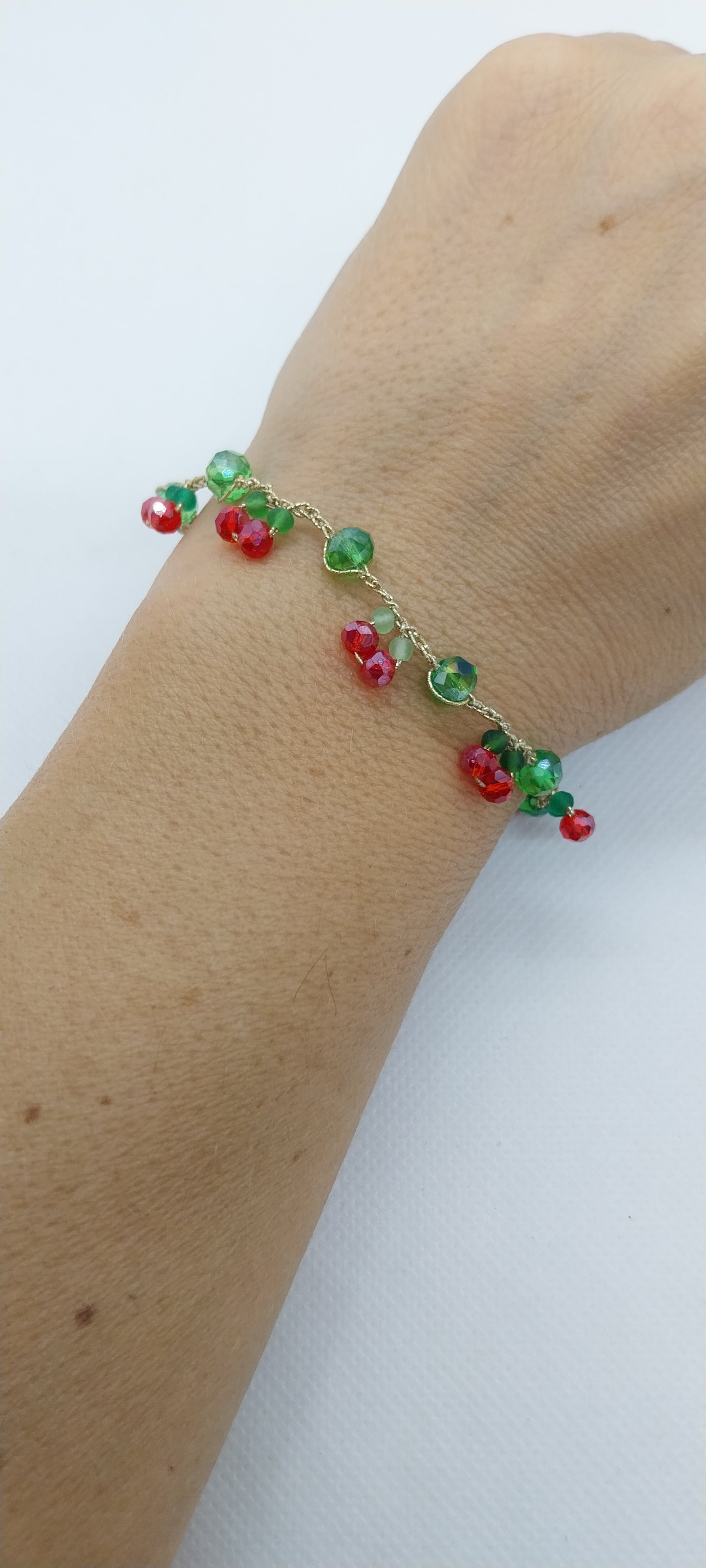 Cherry Bracelet - Crystal Beads & Gold Thread