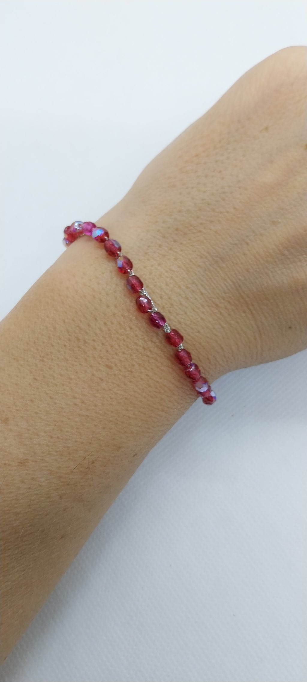 Fuchsia Bracelet - Crystal Bead & Silver Wire