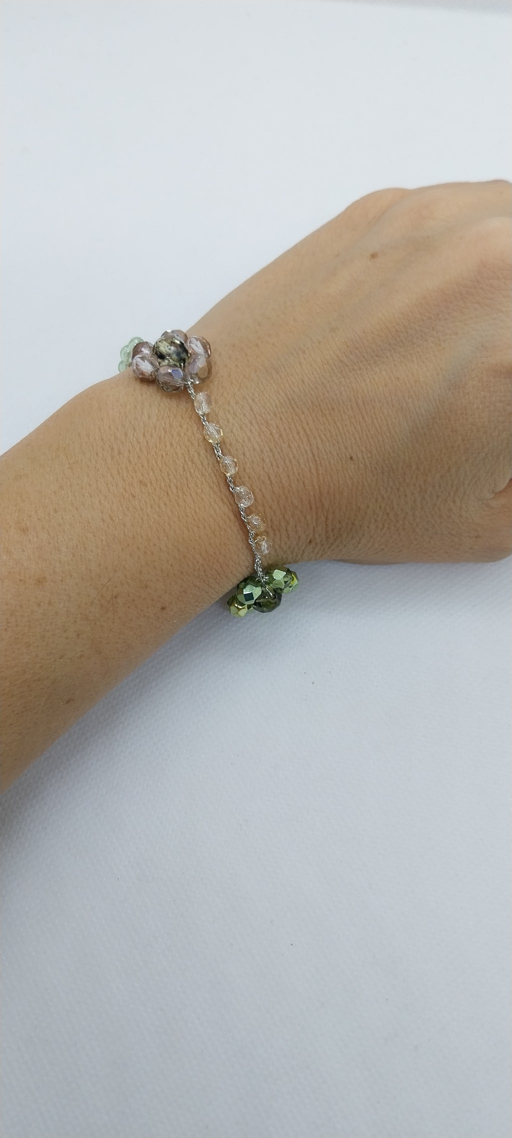 Bracelet Fleur - Perle Cristal Beige & Kaki