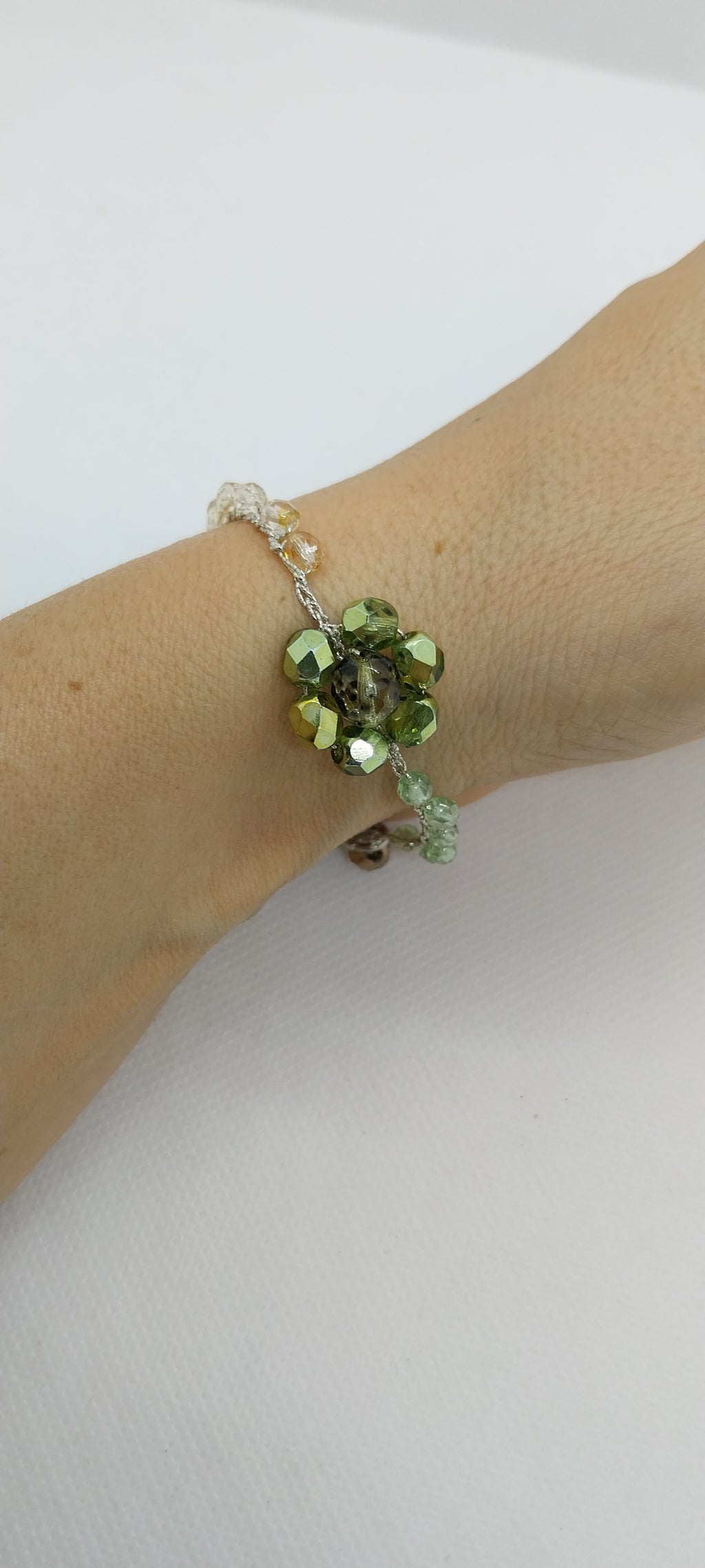 Bracelet Fleur - Perle Cristal Beige & Kaki