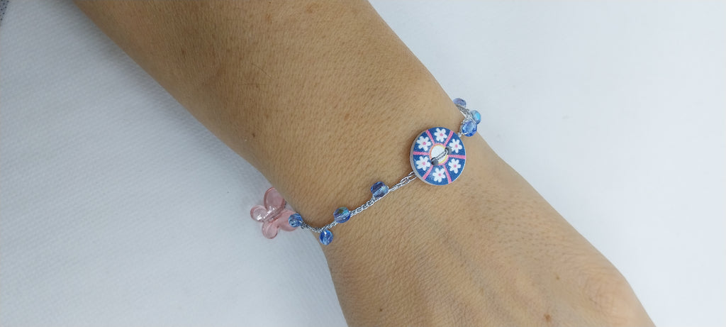 Blue Crystal Bracelet - Butterfly Charm & Silver Wire