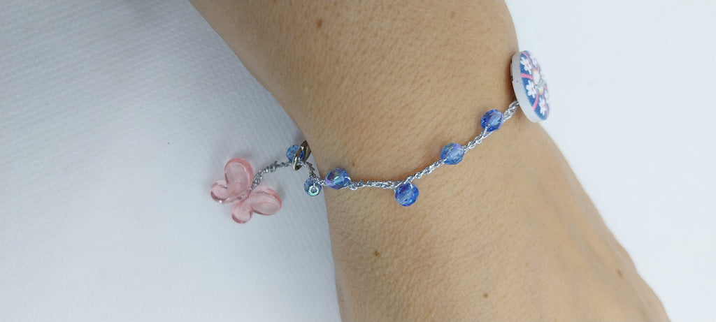 Blue Crystal Bracelet - Butterfly Charm & Silver Wire