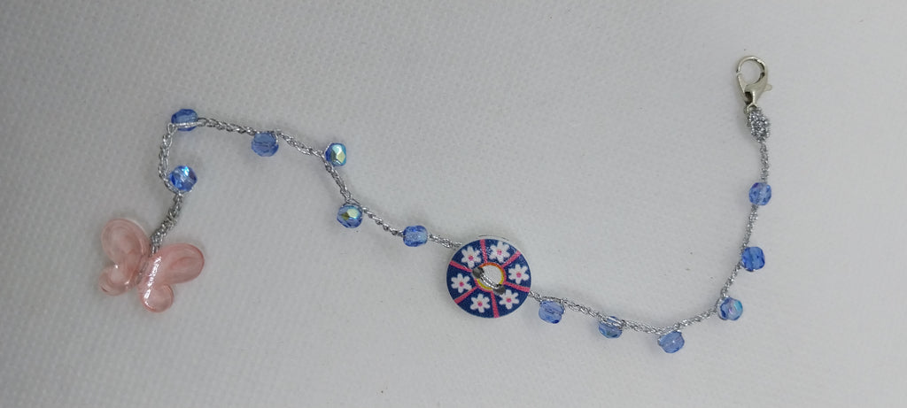 Blue Crystal Bracelet - Butterfly Charm & Silver Wire