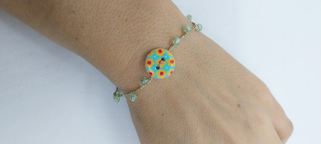Bracelet Cristal Vert - Perle Bouton & Fil Or